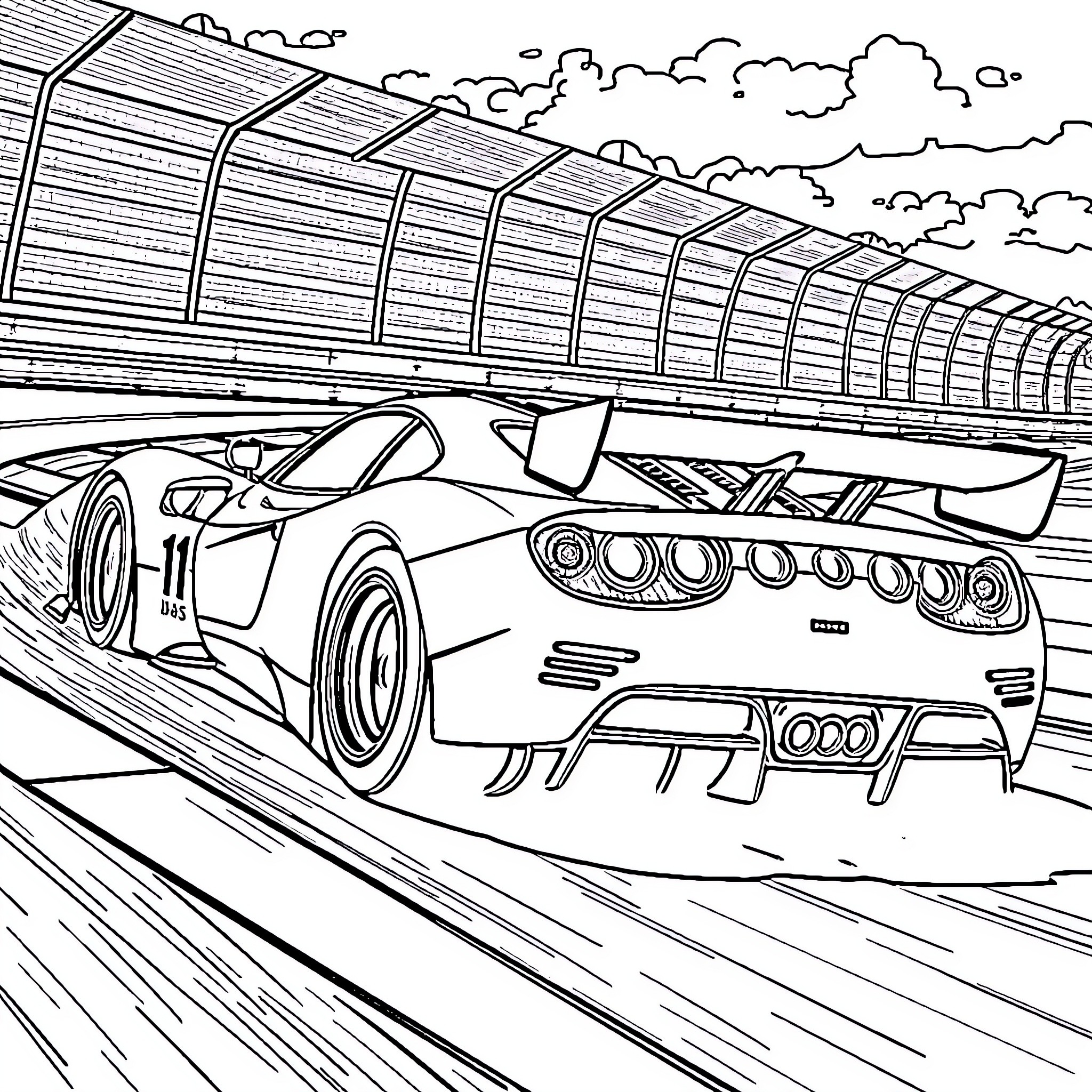Racing Car Speeding on a Track with Cloudy Sky Coloring Page (free black-and-white line drawing printable PDF for all, from beginners to advanced learners, including children, teens, adults, and seniors)