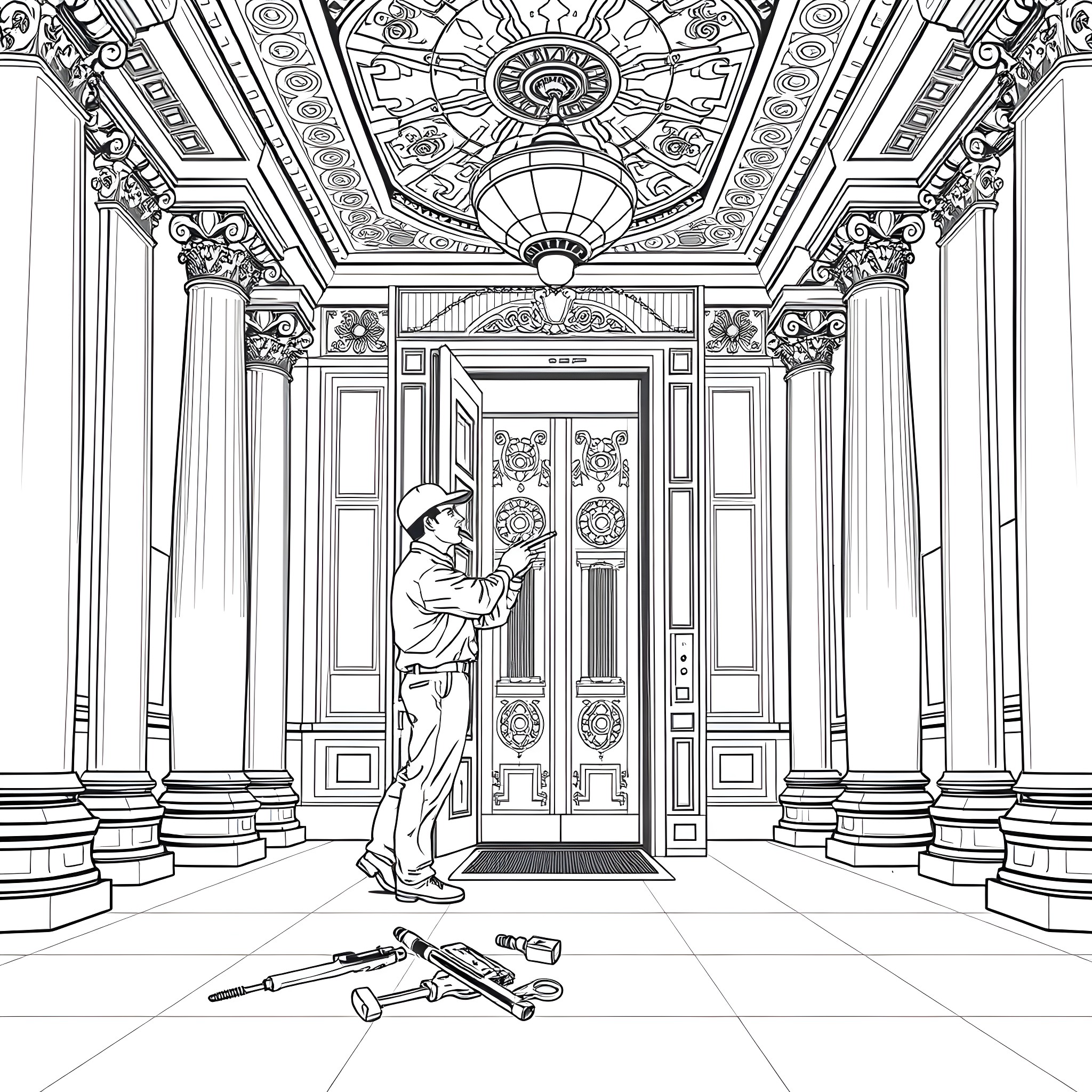 Elevator Mechanic Working on Ornate Building Interior Coloring Page (free black-and-white line drawing printable PDF for all, from beginners to advanced learners, including children, teens, adults, and seniors)