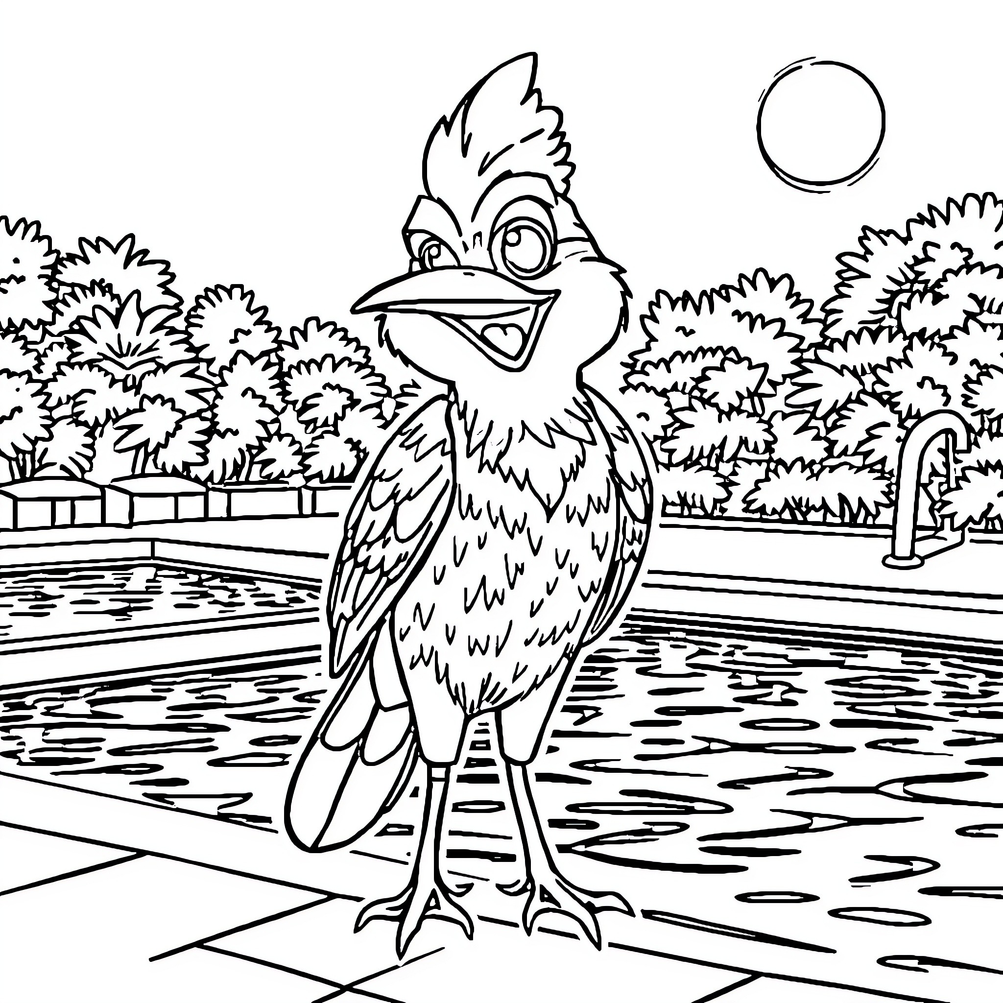 Blue Jay enjoying a day by the pond Coloring Page (free black-and-white line drawing printable PDF for all, from beginners to advanced learners, including children, teens, adults, and seniors)