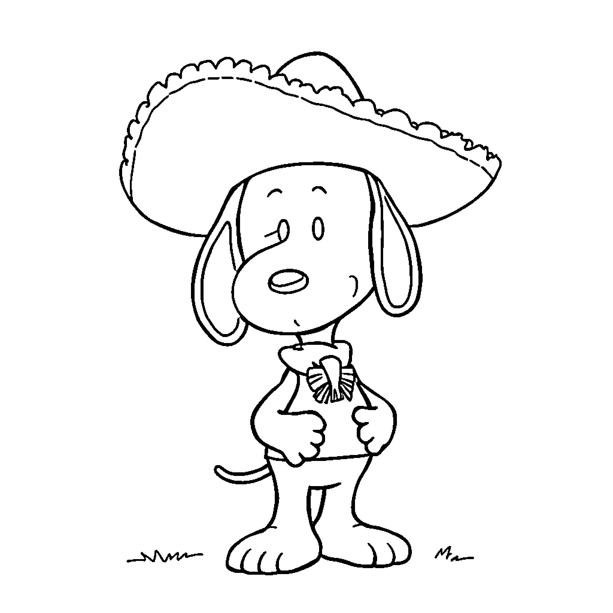 Snoopy wearing a sombrero and smiling Coloring Page (free black-and-white line drawing printable PDF for all, from beginners to advanced learners, including children, teens, adults, and seniors)