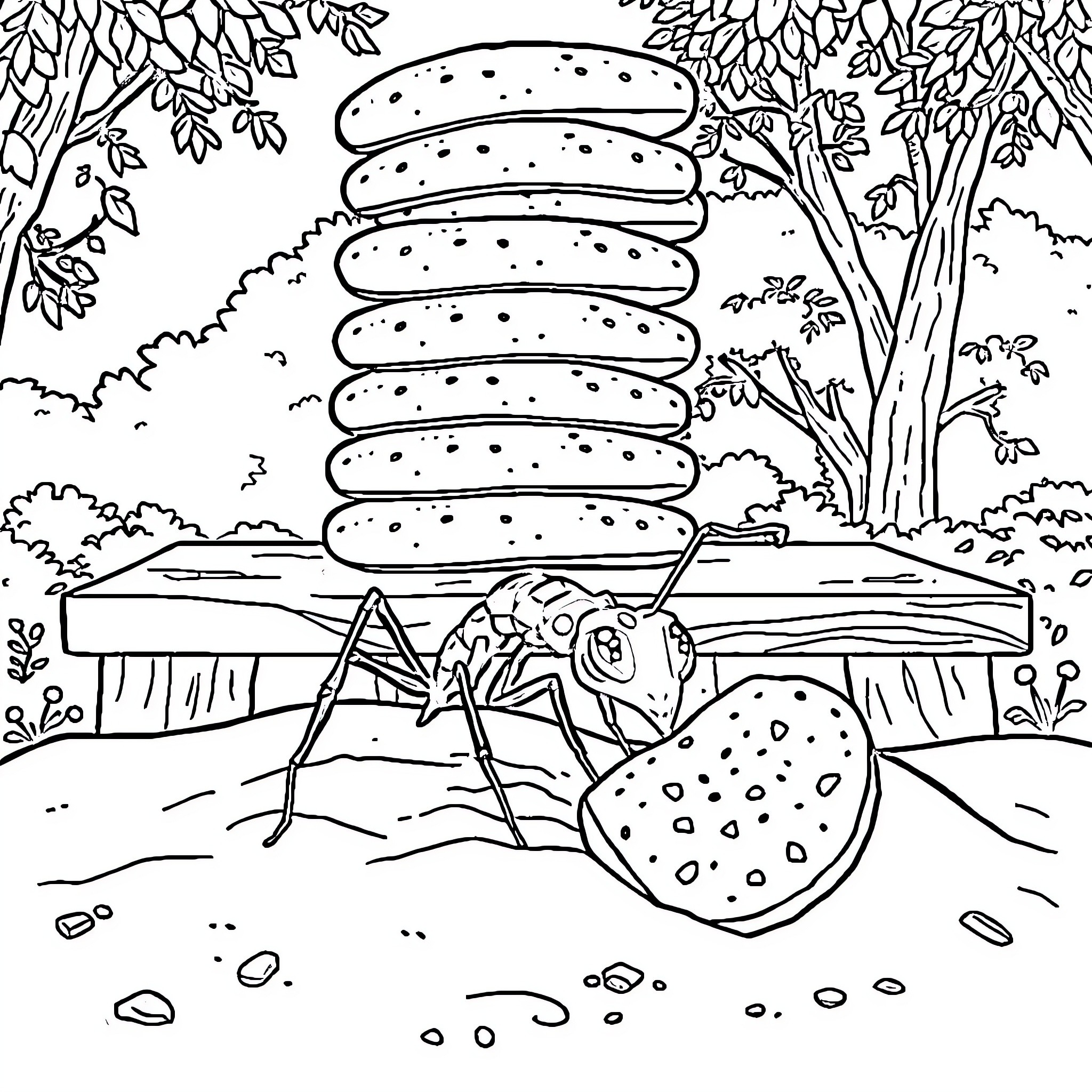 Ant carrying large food item near tree Coloring Page (free black-and-white line drawing printable PDF for all, from beginners to advanced learners, including children, teens, adults, and seniors)