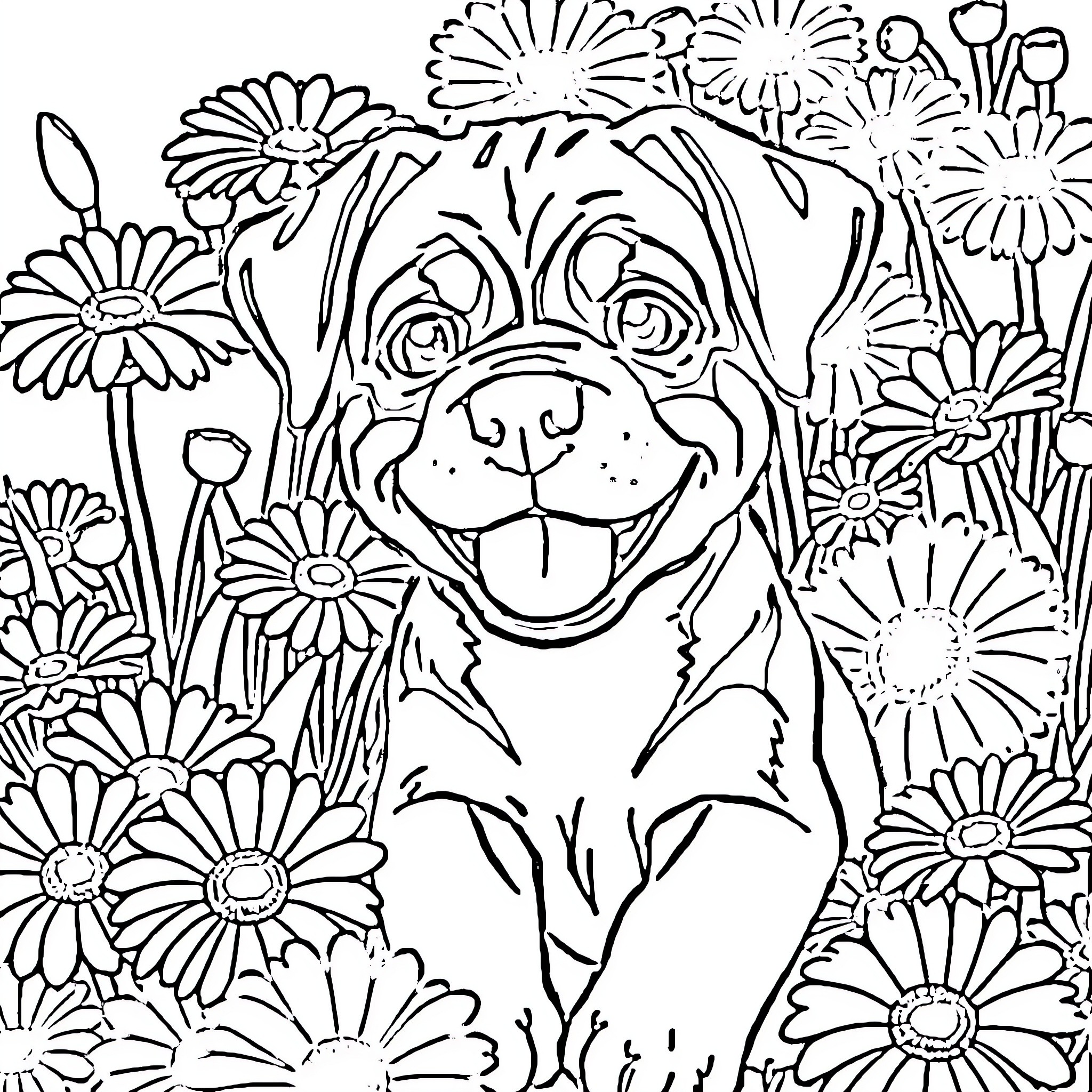 Rottweiler pup surrounded by cheerful daisies Coloring Page (free black-and-white line drawing printable PDF for all, from beginners to advanced learners, including children, teens, adults, and seniors)