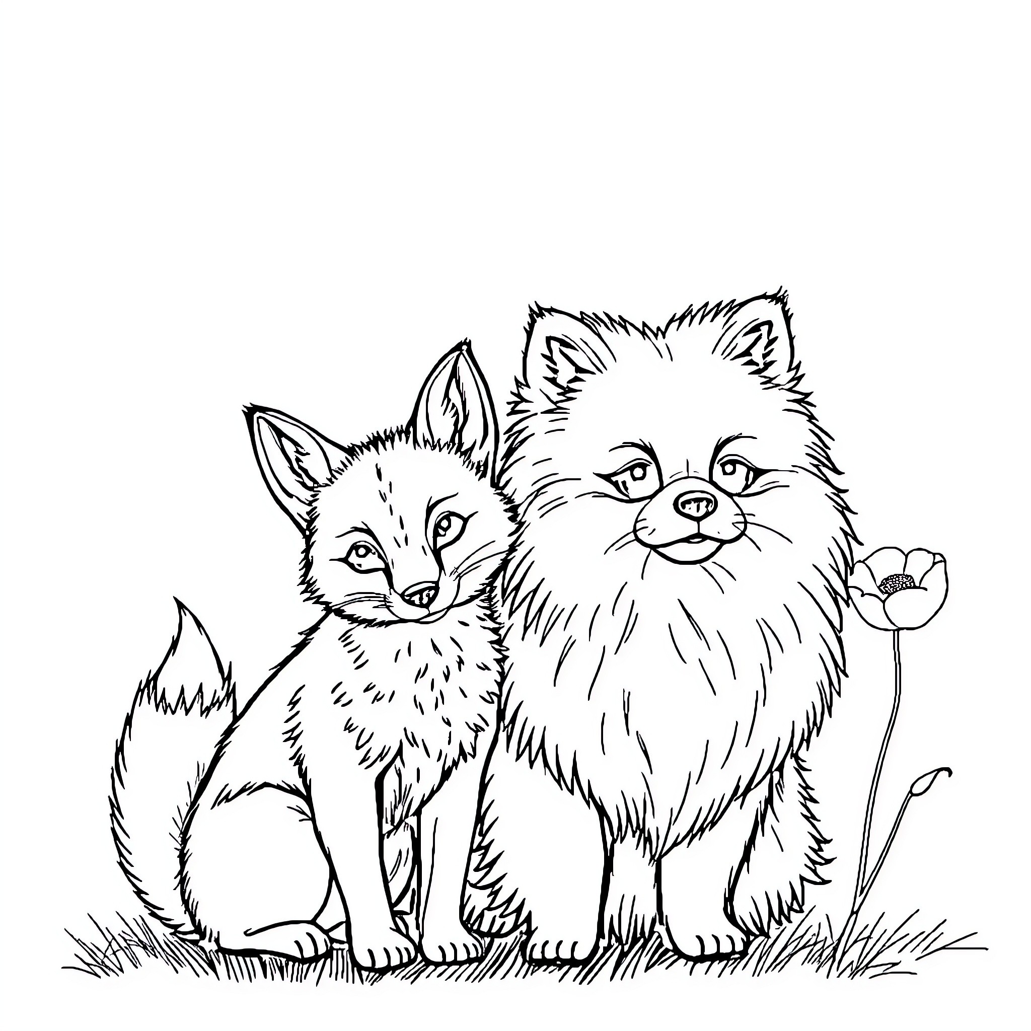 Fox friends enjoying outdoor adventure Coloring Page (free black-and-white line drawing printable PDF for all, from beginners to advanced learners, including children, teens, adults, and seniors)