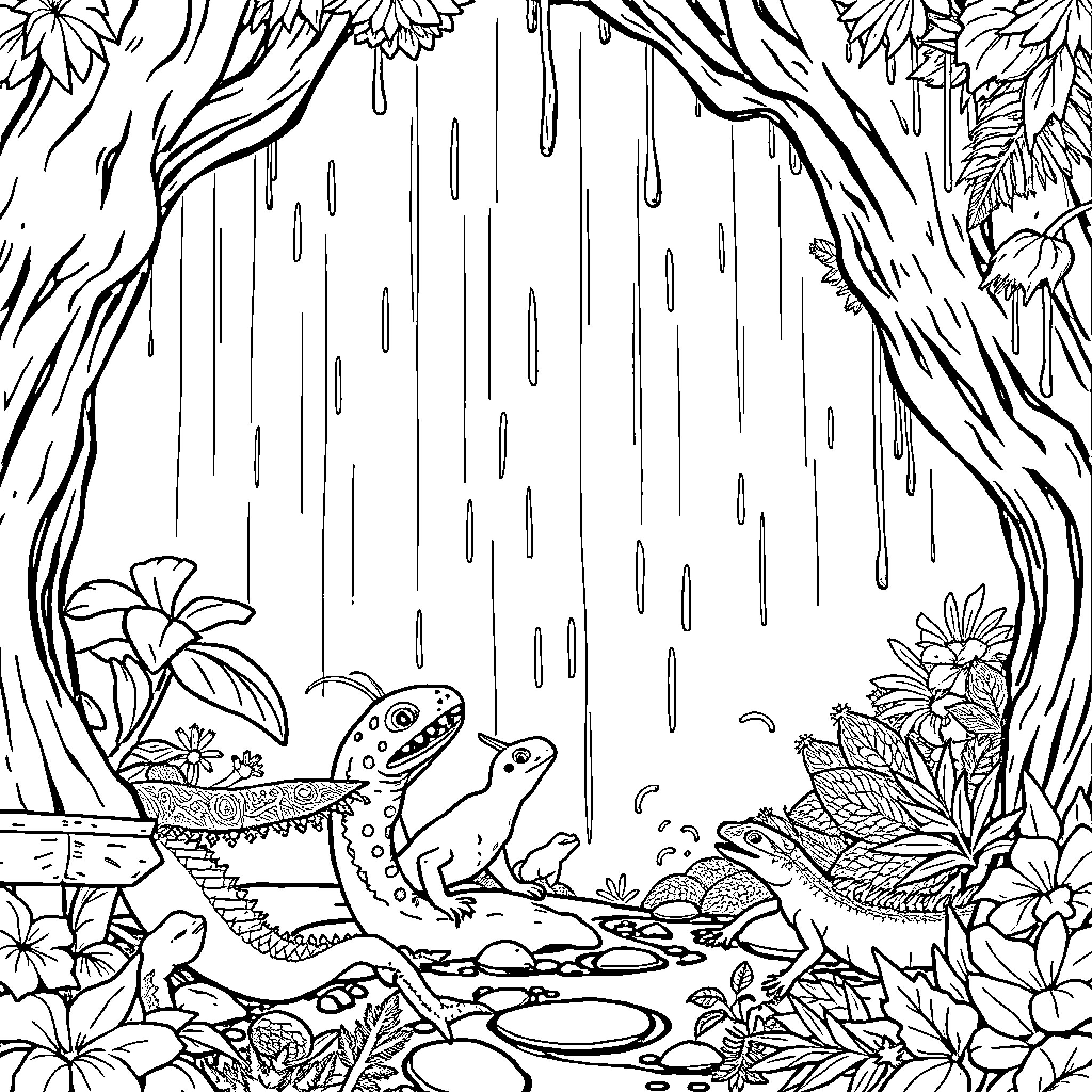 Character Frogs Playing in the Rainy Forest Coloring Page (free black-and-white line drawing printable PDF for all, from beginners to advanced learners, including children, teens, adults, and seniors)