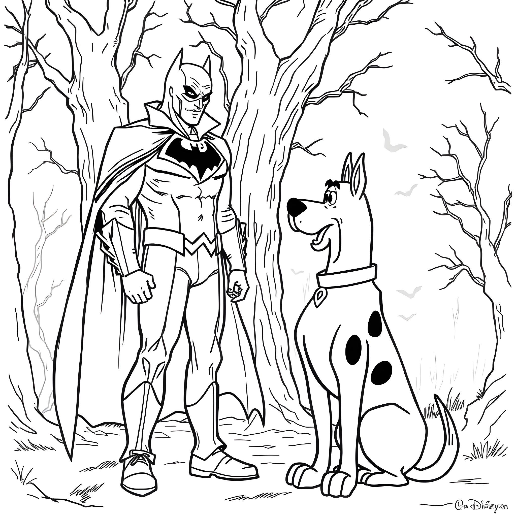Bruce Wayne and his loyal canine companion in a spooky forest Coloring Page (free black-and-white line drawing printable PDF for all, from beginners to advanced learners, including children, teens, adults, and seniors)