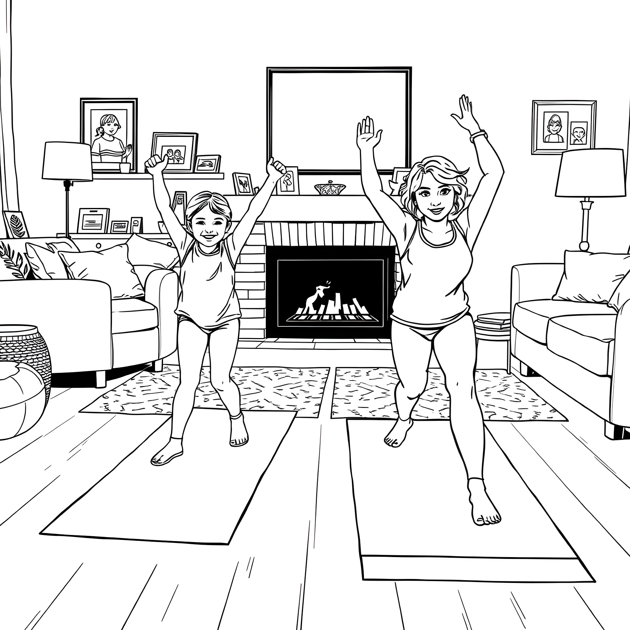 Mother and daughter exercising happily at home Coloring Page (free black-and-white line drawing printable PDF for all, from beginners to advanced learners, including children, teens, adults, and seniors)