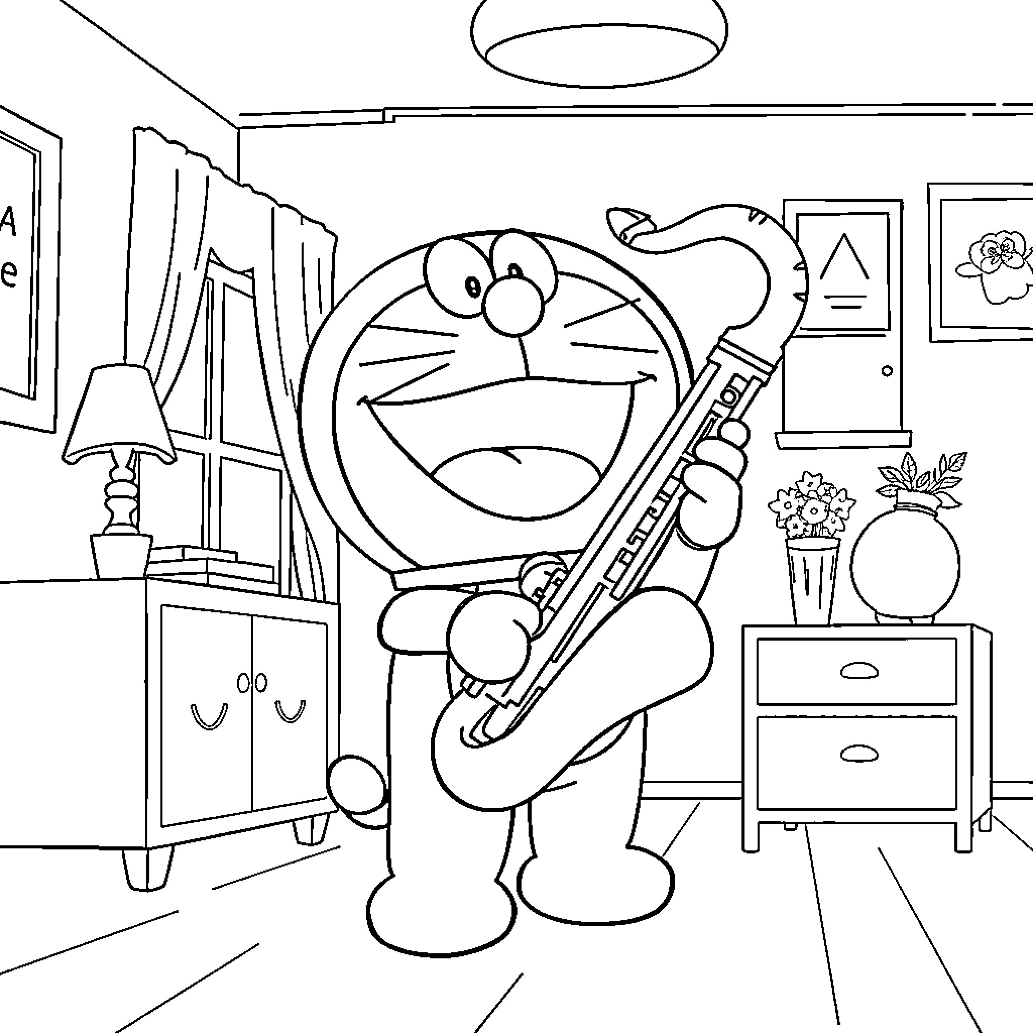 Doraemon playing with musical instrument in his room Coloring Page (free black-and-white line drawing printable PDF for all, from beginners to advanced learners, including children, teens, adults, and seniors)