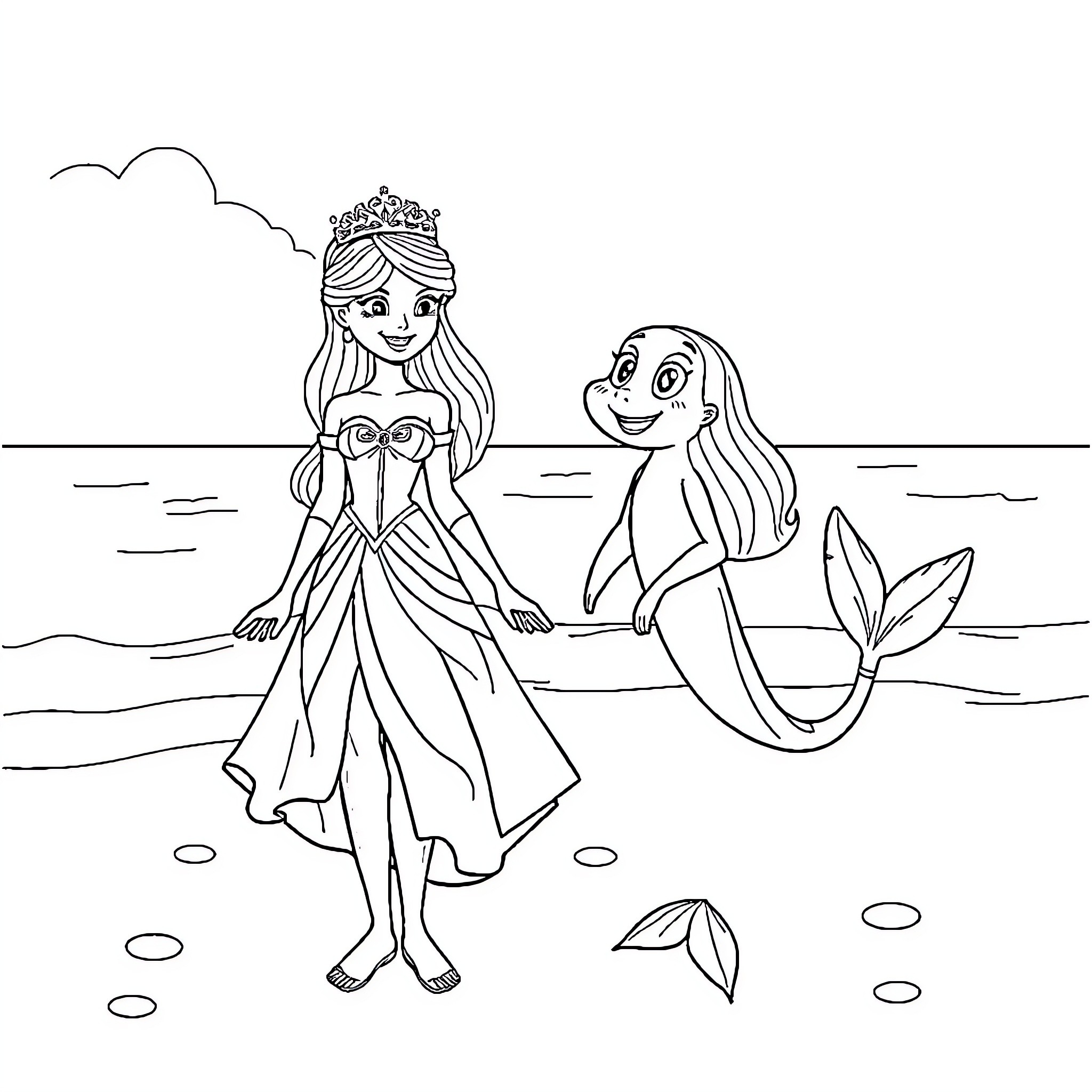 Princess Playing with Mermaid on the Beach Coloring Page (free black-and-white line drawing printable PDF for all, from beginners to advanced learners, including children, teens, adults, and seniors)