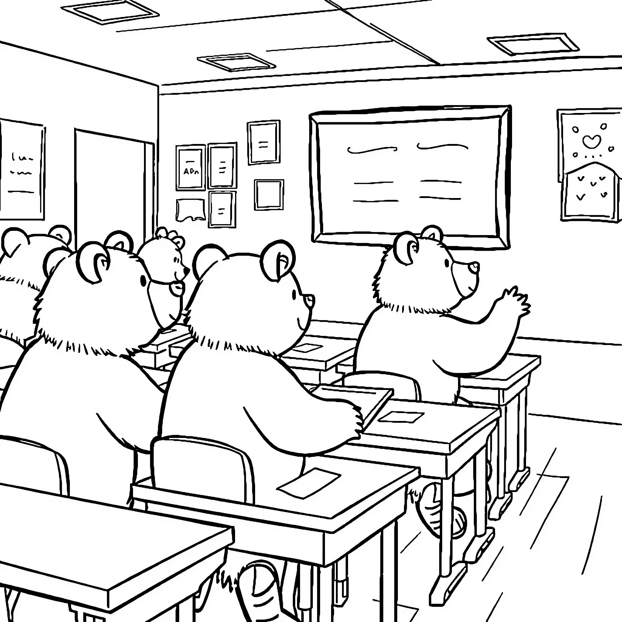 Bear students attentively learning in the classroom Coloring Page (free black-and-white line drawing printable PDF for all, from beginners to advanced learners, including children, teens, adults, and seniors)