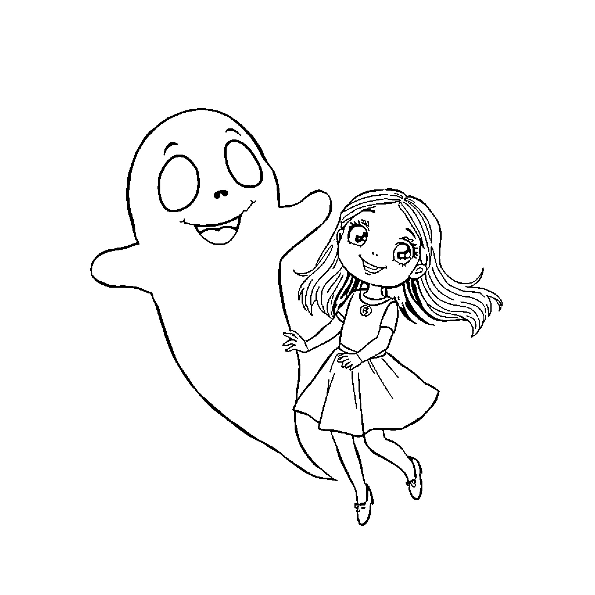 Zero's Happy Ghost and Girl Adventure Coloring Page (free black-and-white line drawing printable PDF for all, from beginners to advanced learners, including children, teens, adults, and seniors)
