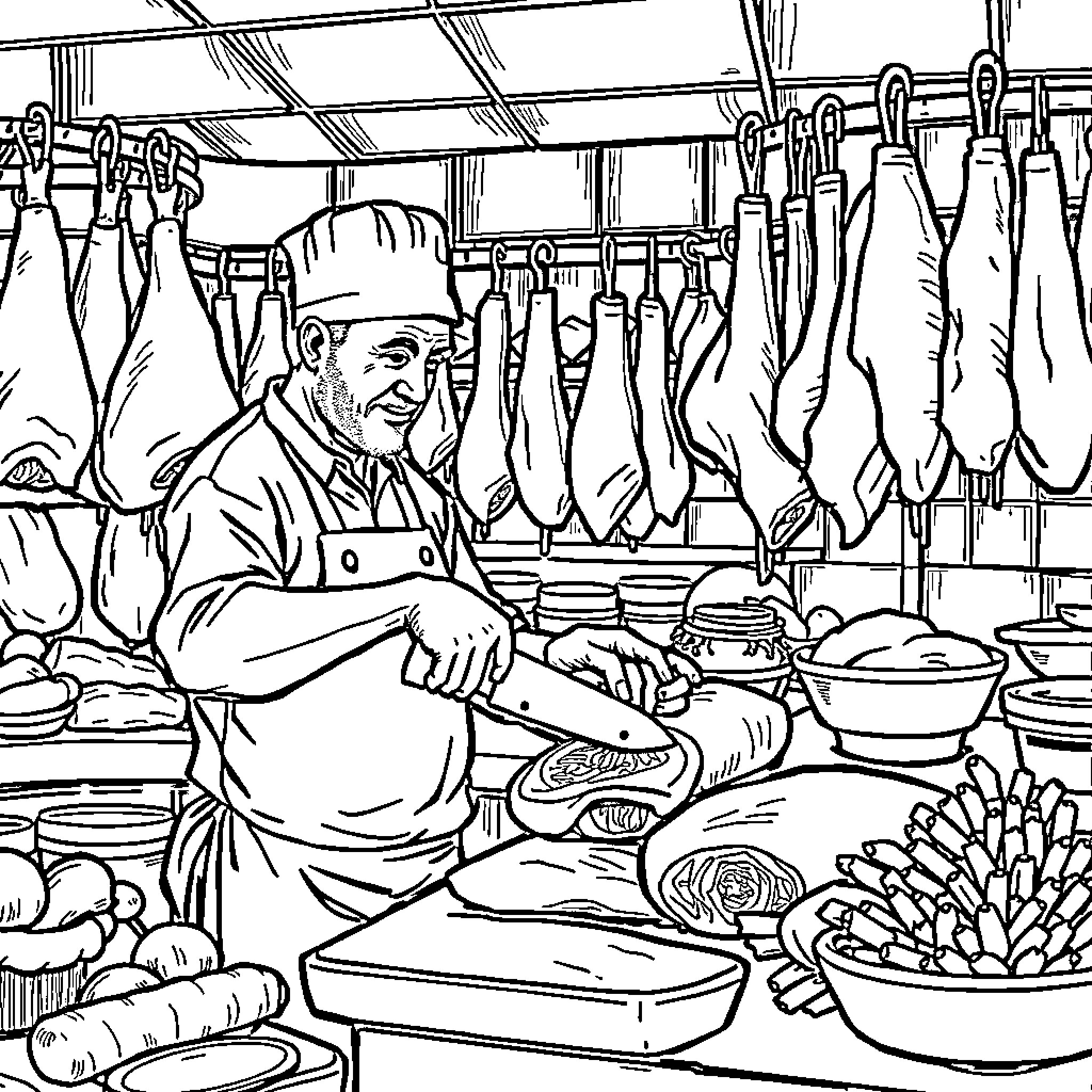 Butcher hard at work in busy meat shop Coloring Page (free black-and-white line drawing printable PDF for all, from beginners to advanced learners, including children, teens, adults, and seniors)