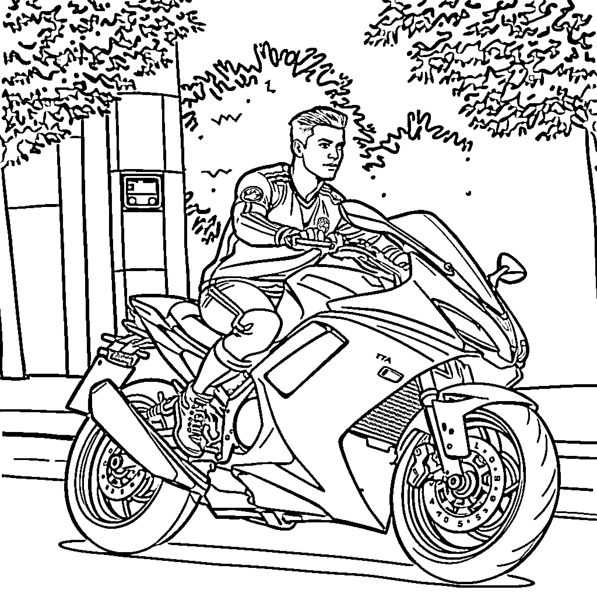 Cristiano Ronaldo riding a high-speed motorcycle in the city Coloring Page (free black-and-white line drawing printable PDF for all, from beginners to advanced learners, including children, teens, adults, and seniors)