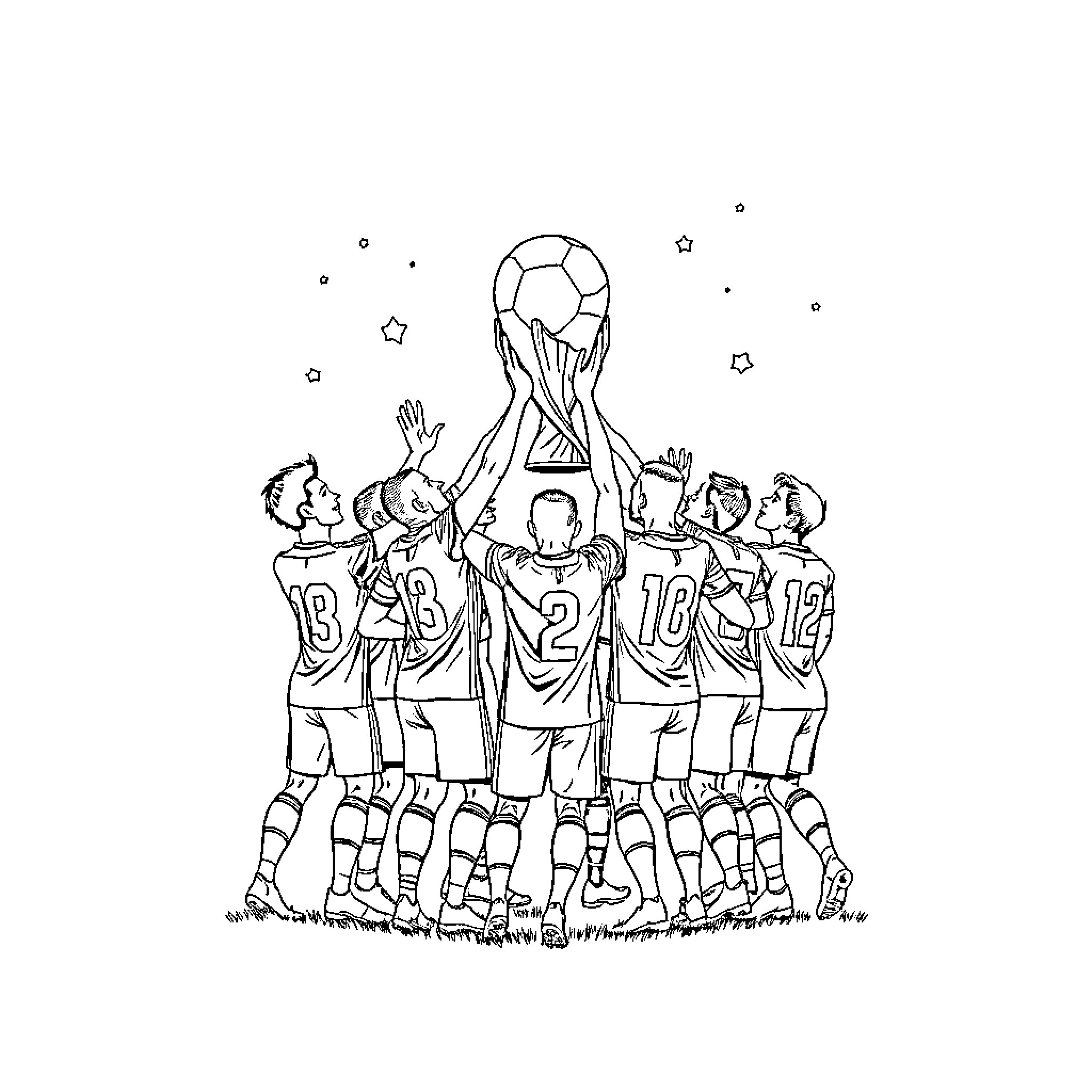 France Football players celebrating with a trophy and ball Coloring Page (free black-and-white line drawing printable PDF for all, from beginners to advanced learners, including children, teens, adults, and seniors)