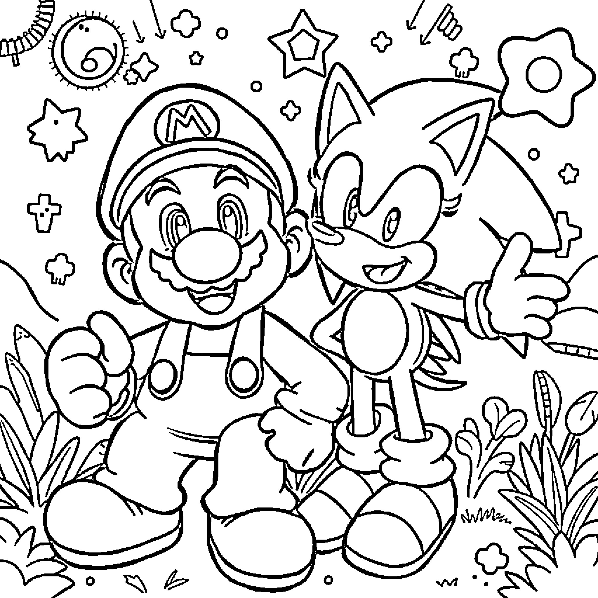 Mario and Sonic's Whimsical Adventure Coloring Page (free black-and-white line drawing printable PDF for all, from beginners to advanced learners, including children, teens, adults, and seniors)