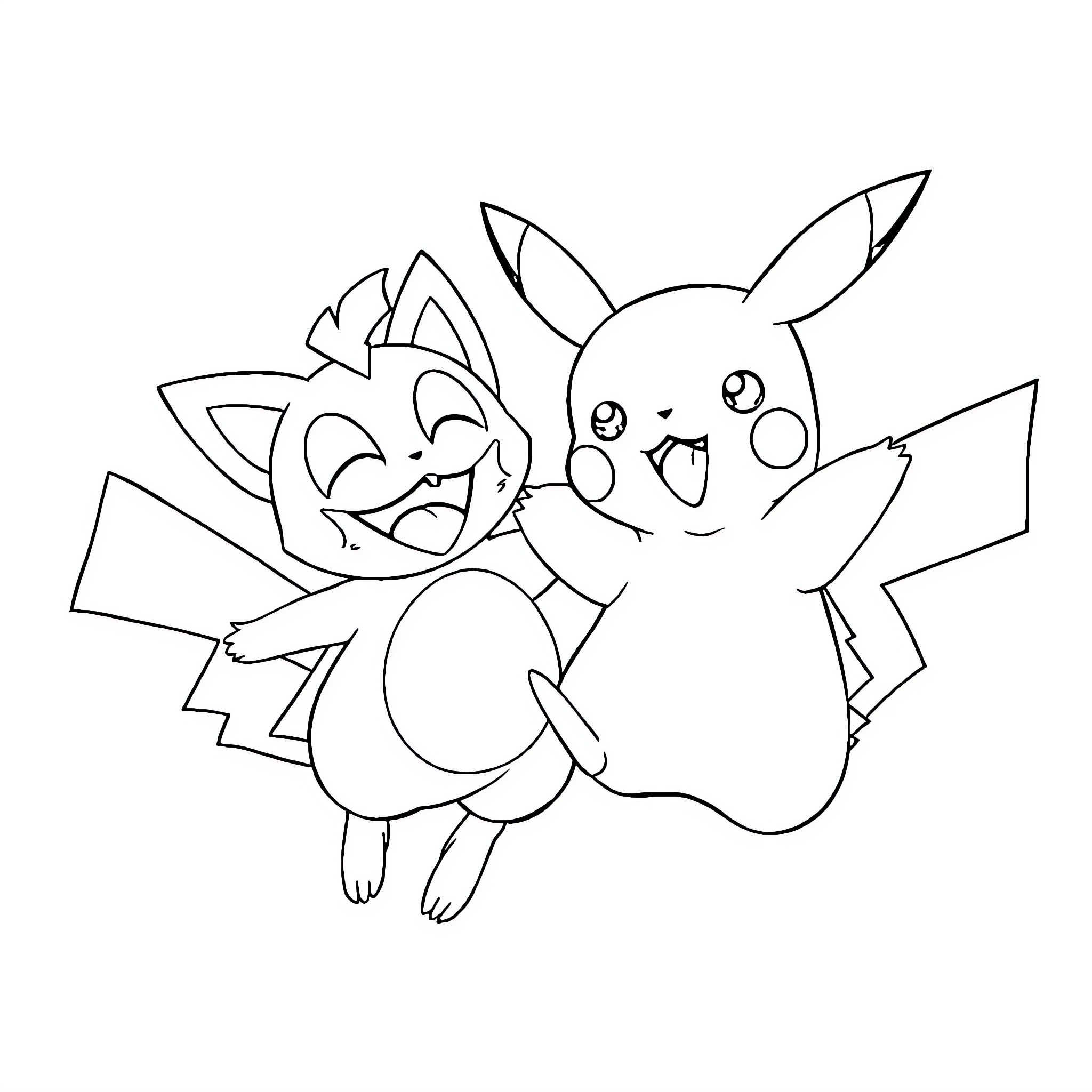 Pikachu and Zorua playing together happily Coloring Page (free black-and-white line drawing printable PDF for all, from beginners to advanced learners, including children, teens, adults, and seniors)