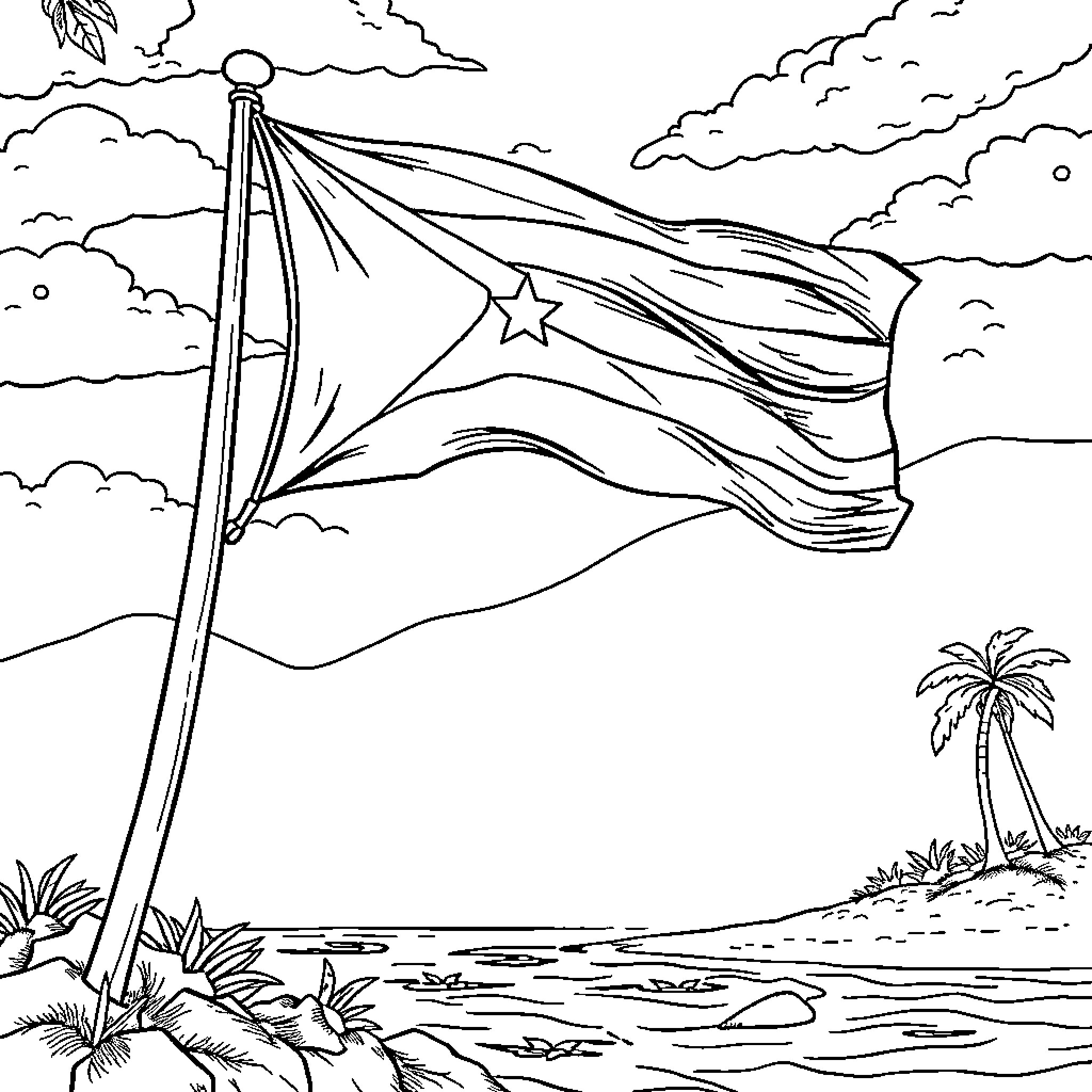 Flag waving proudly in the tropical scenery Coloring Page (free black-and-white line drawing printable PDF for all, from beginners to advanced learners, including children, teens, adults, and seniors)