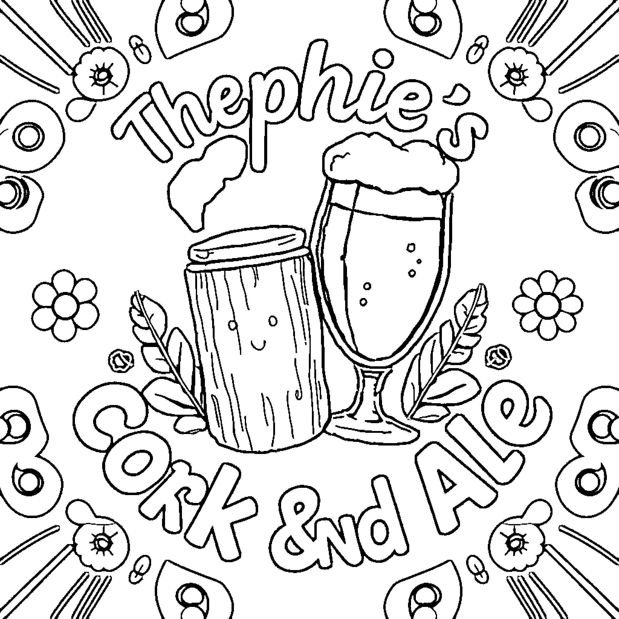 Sophie's Whimsical Beer and Ale Celebration Coloring Page (free black-and-white line drawing printable PDF for all, from beginners to advanced learners, including children, teens, adults, and seniors)