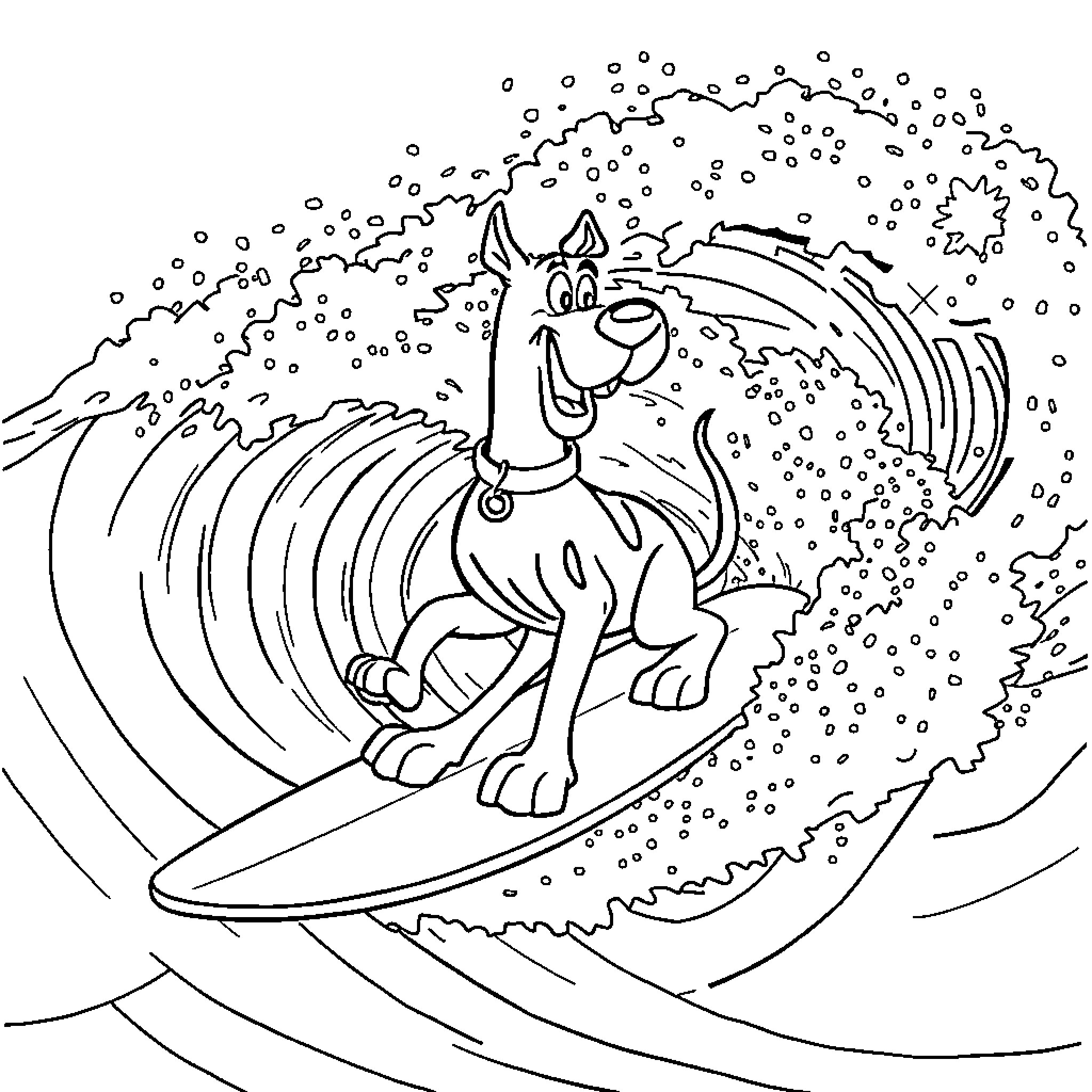 Scooby Doo Surfing Amidst Waves and Splashing Water Coloring Page (free black-and-white line drawing printable PDF for all, from beginners to advanced learners, including children, teens, adults, and seniors)