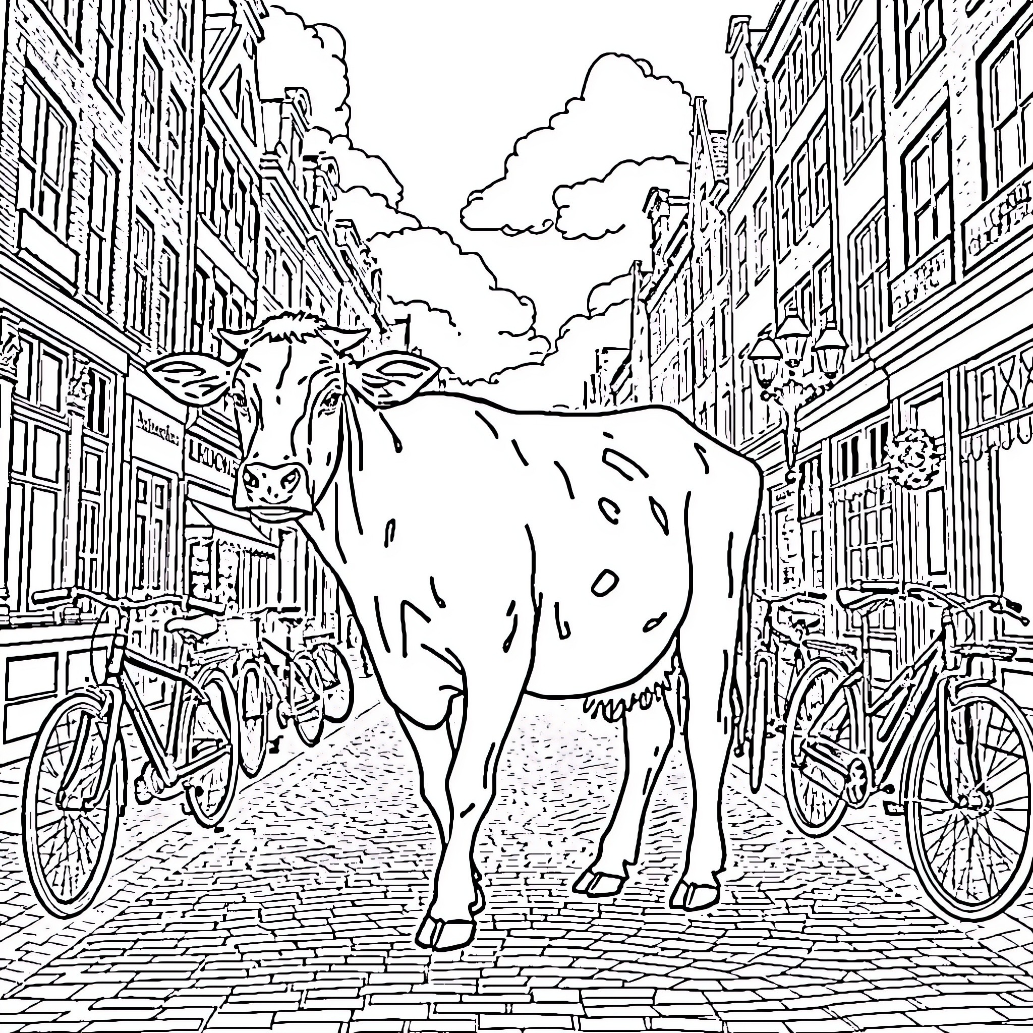 Cow walking down a city street with bicycles Coloring Page (free black-and-white line drawing printable PDF for all, from beginners to advanced learners, including children, teens, adults, and seniors)