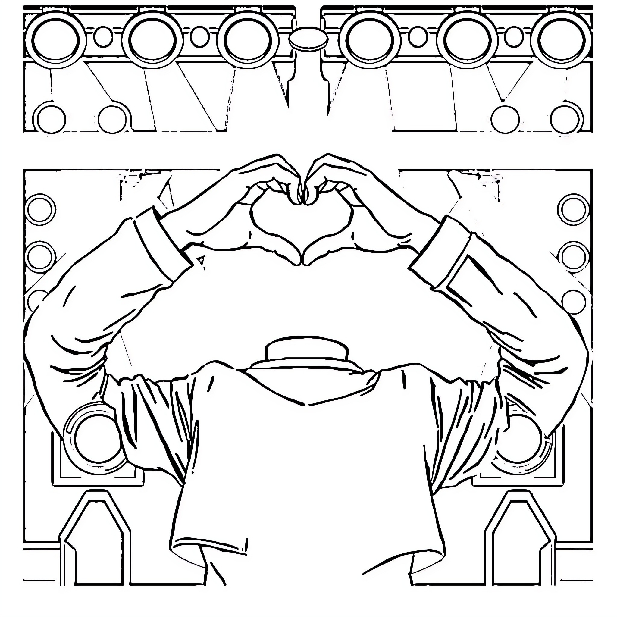 Kpop Hand Heart Gesture with Music Equipment Coloring Page (free black-and-white line drawing printable PDF for all, from beginners to advanced learners, including children, teens, adults, and seniors)