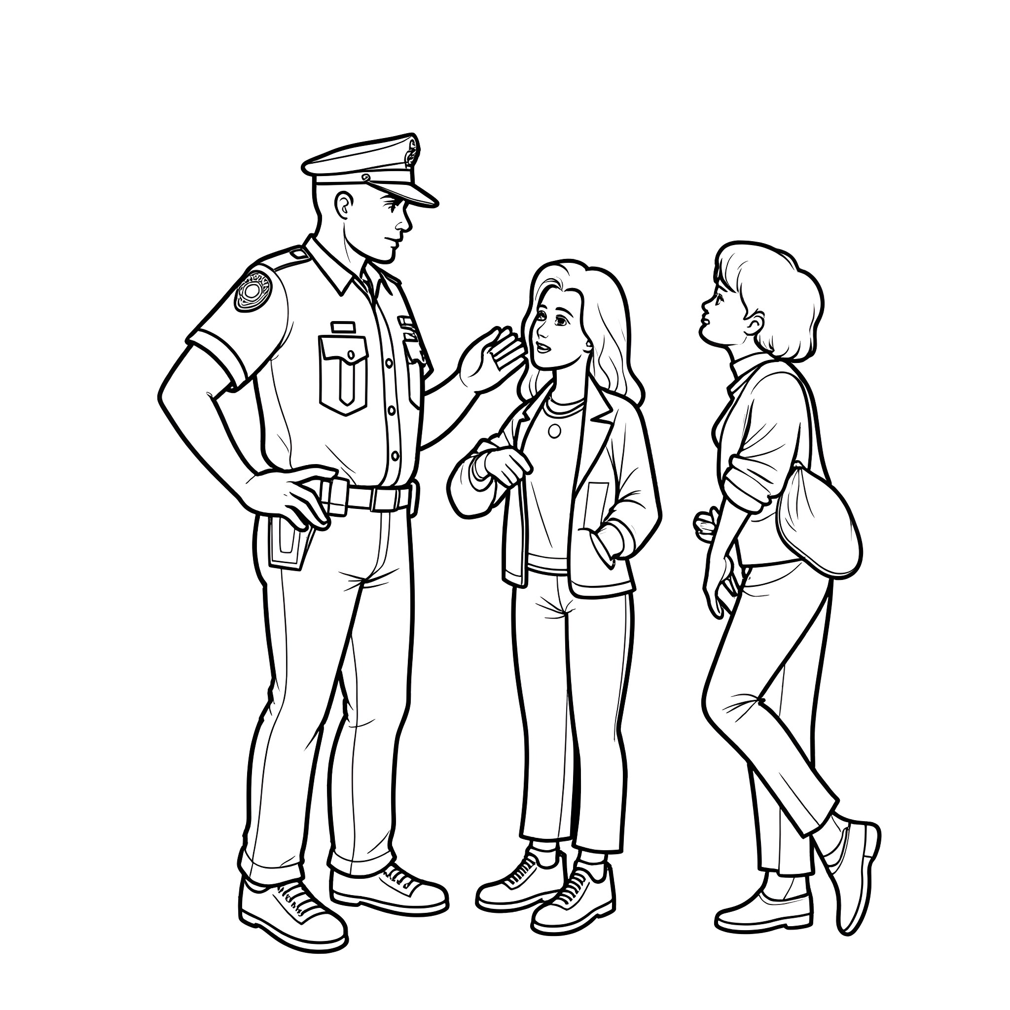 Police Officer Interacting with Two People Coloring Page (free black-and-white line drawing printable PDF for all, from beginners to advanced learners, including children, teens, adults, and seniors)