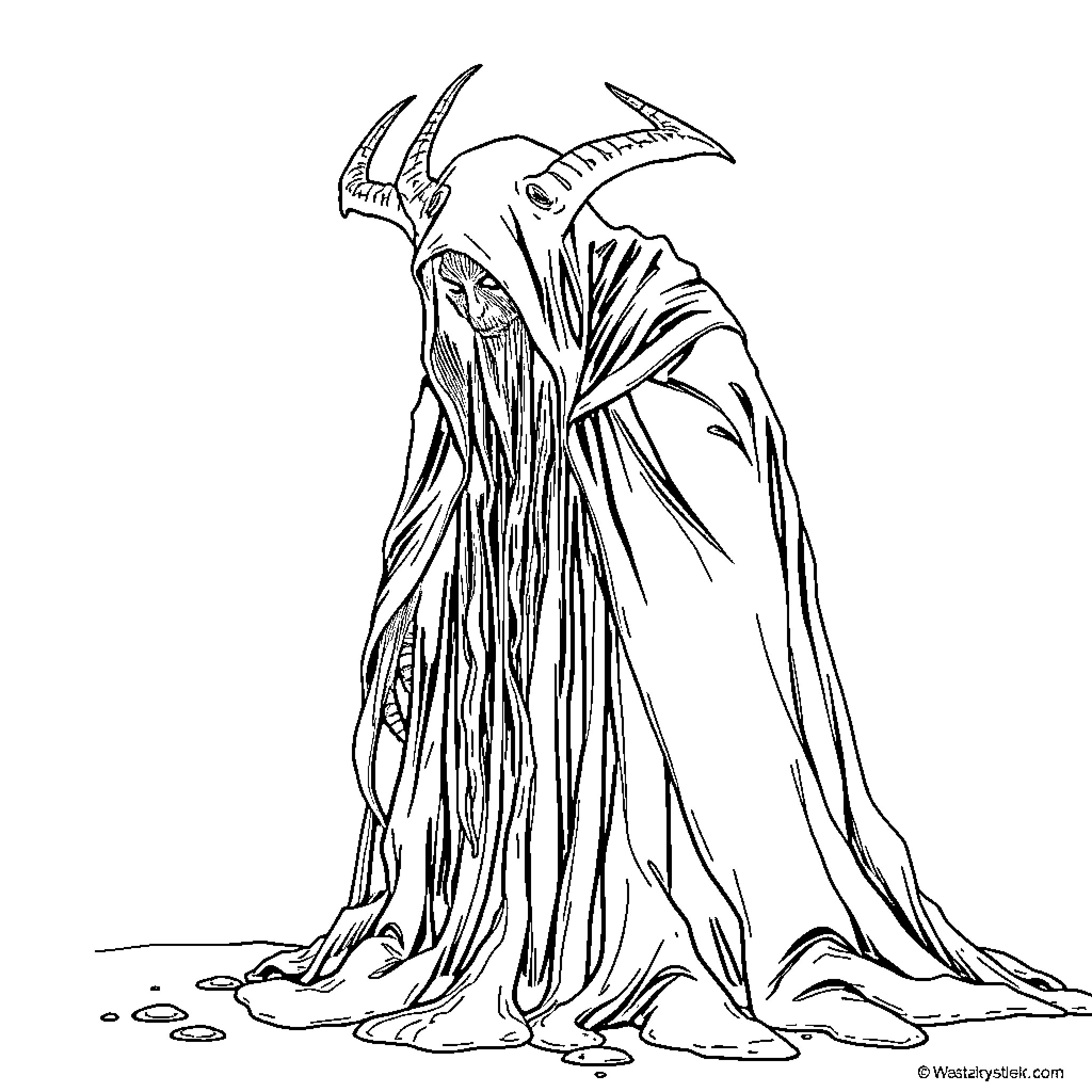 Nazgul Wraith Shrouded in Eerie Robes Coloring Page (free black-and-white line drawing printable PDF for all, from beginners to advanced learners, including children, teens, adults, and seniors)