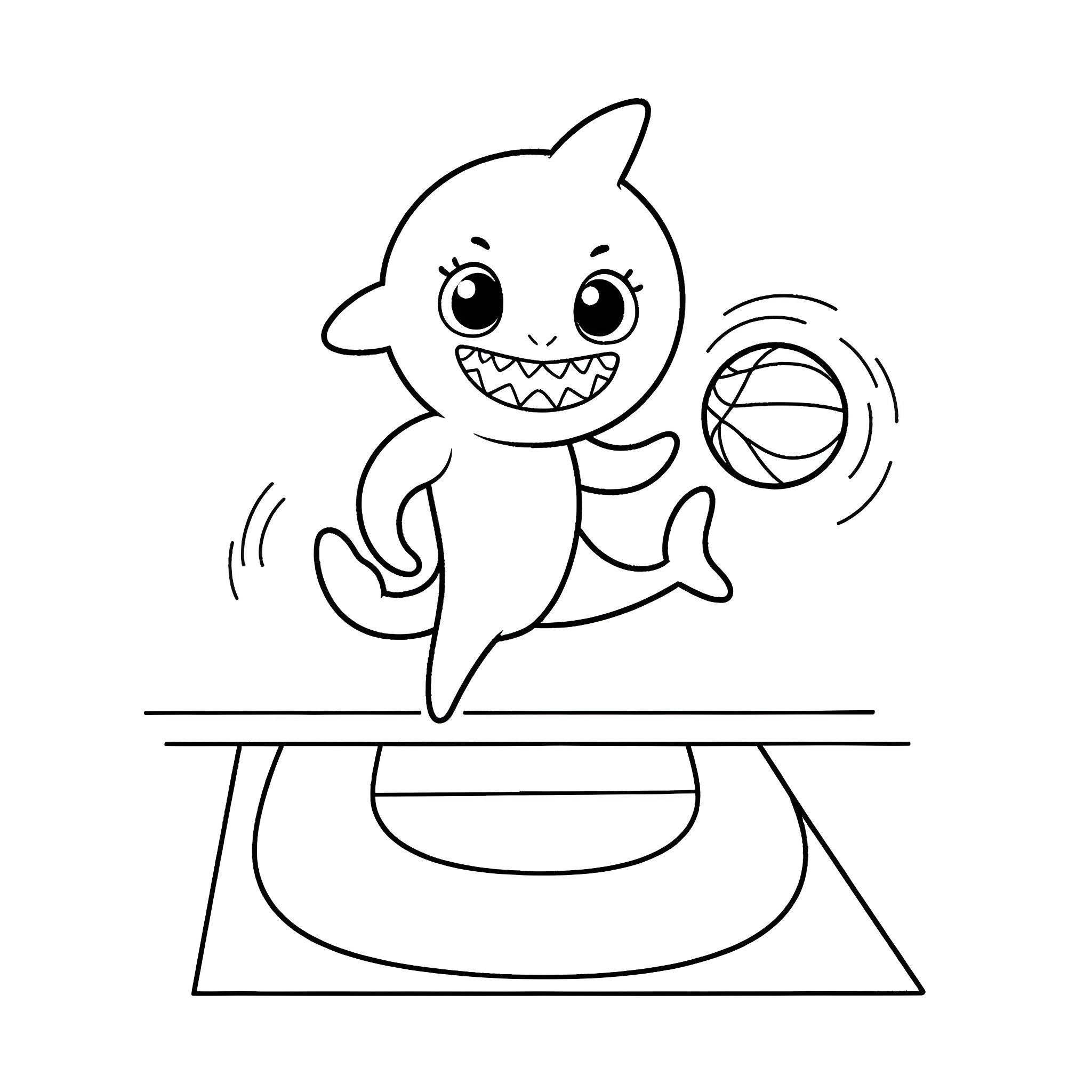 Baby Shark playing happily with ball Coloring Page (free black-and-white line drawing printable PDF for all, from beginners to advanced learners, including children, teens, adults, and seniors)