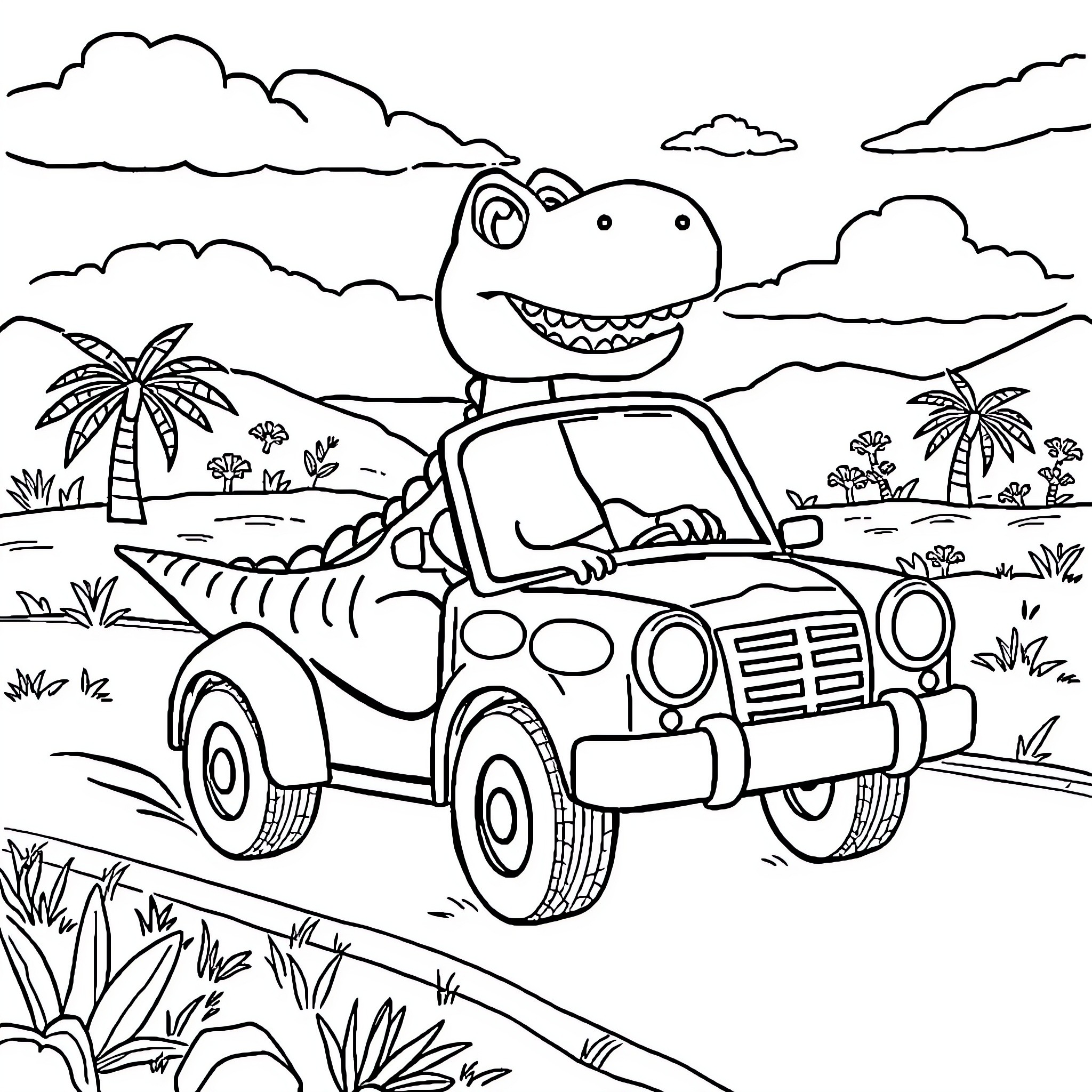 Dinosaur taking a road trip in a jeep Coloring Page (free black-and-white line drawing printable PDF for all, from beginners to advanced learners, including children, teens, adults, and seniors)