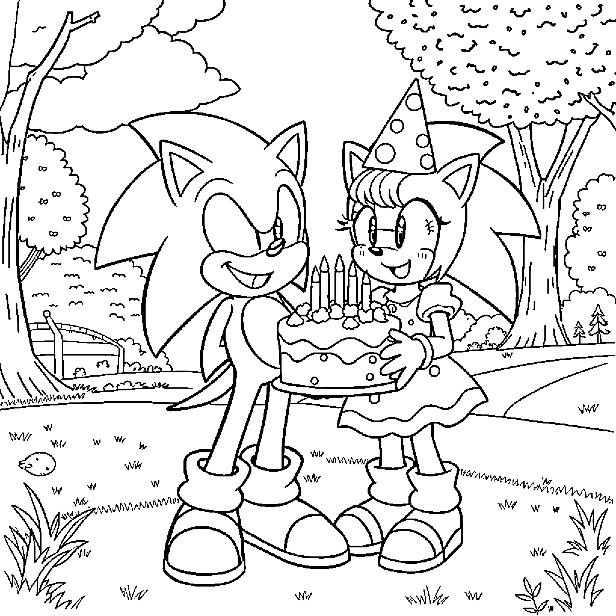 Sonic's Birthday Celebration in the Forest Coloring Page (free black-and-white line drawing printable PDF for all, from beginners to advanced learners, including children, teens, adults, and seniors)
