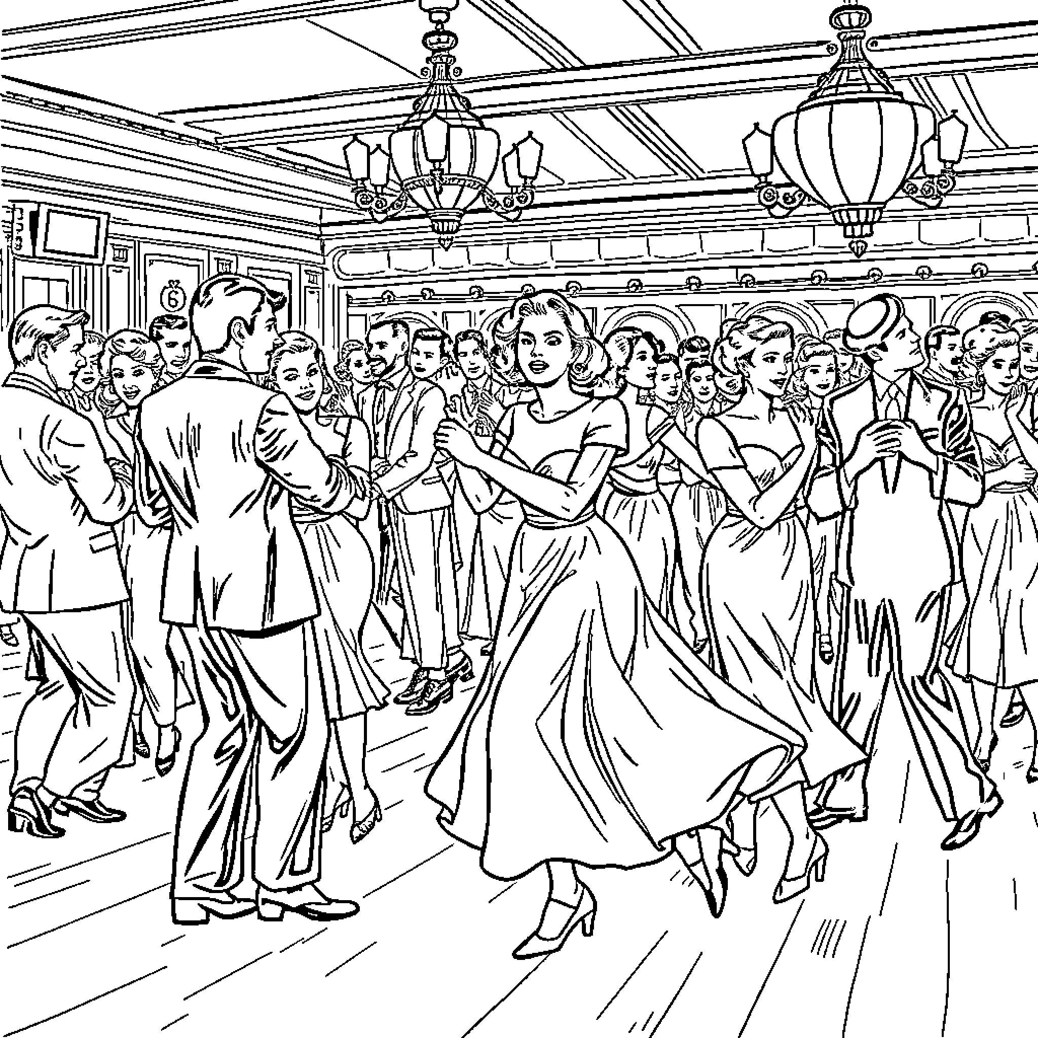 Dance of formal attire in an elegant hall Coloring Page (free black-and-white line drawing printable PDF for all, from beginners to advanced learners, including children, teens, adults, and seniors)