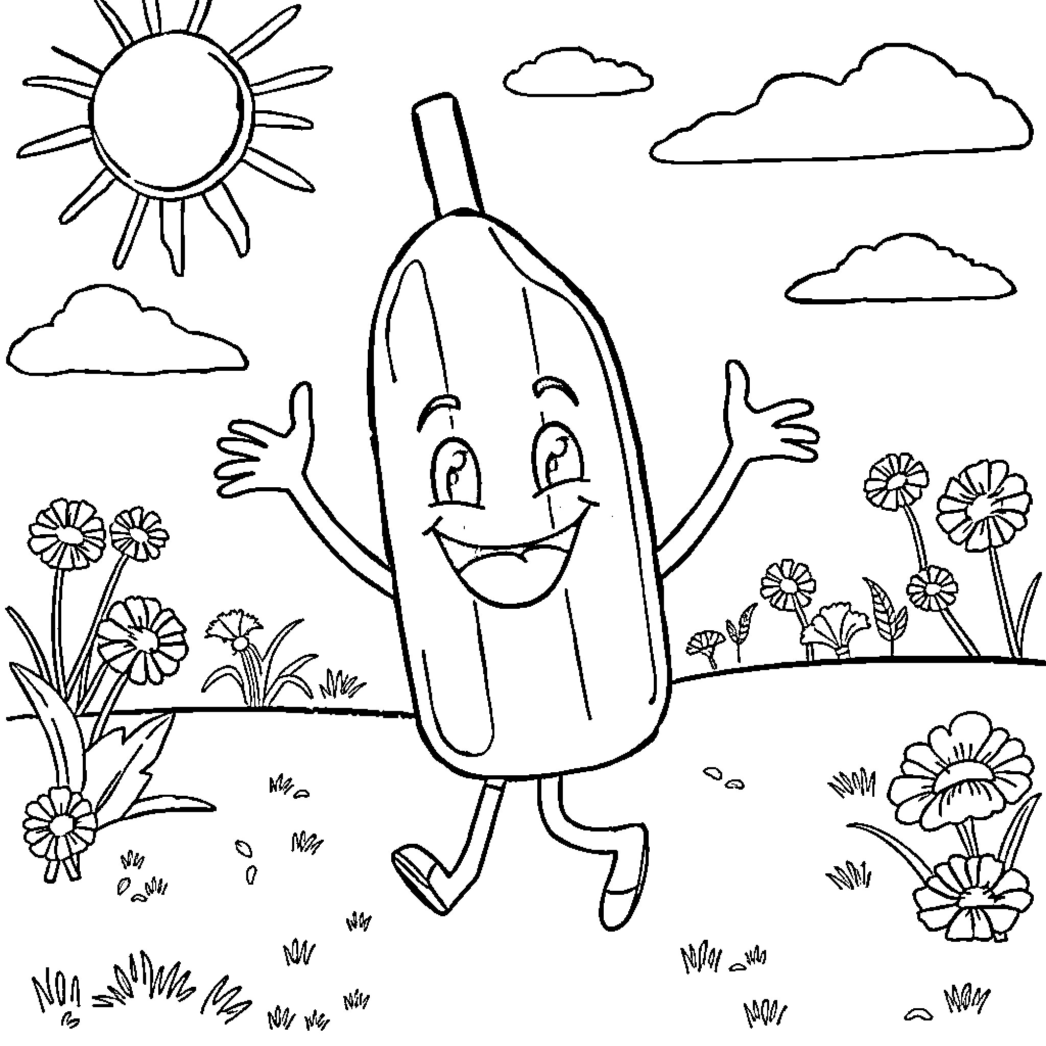 Popsicle enjoying a sunny day in the garden Coloring Page (free black-and-white line drawing printable PDF for all, from beginners to advanced learners, including children, teens, adults, and seniors)