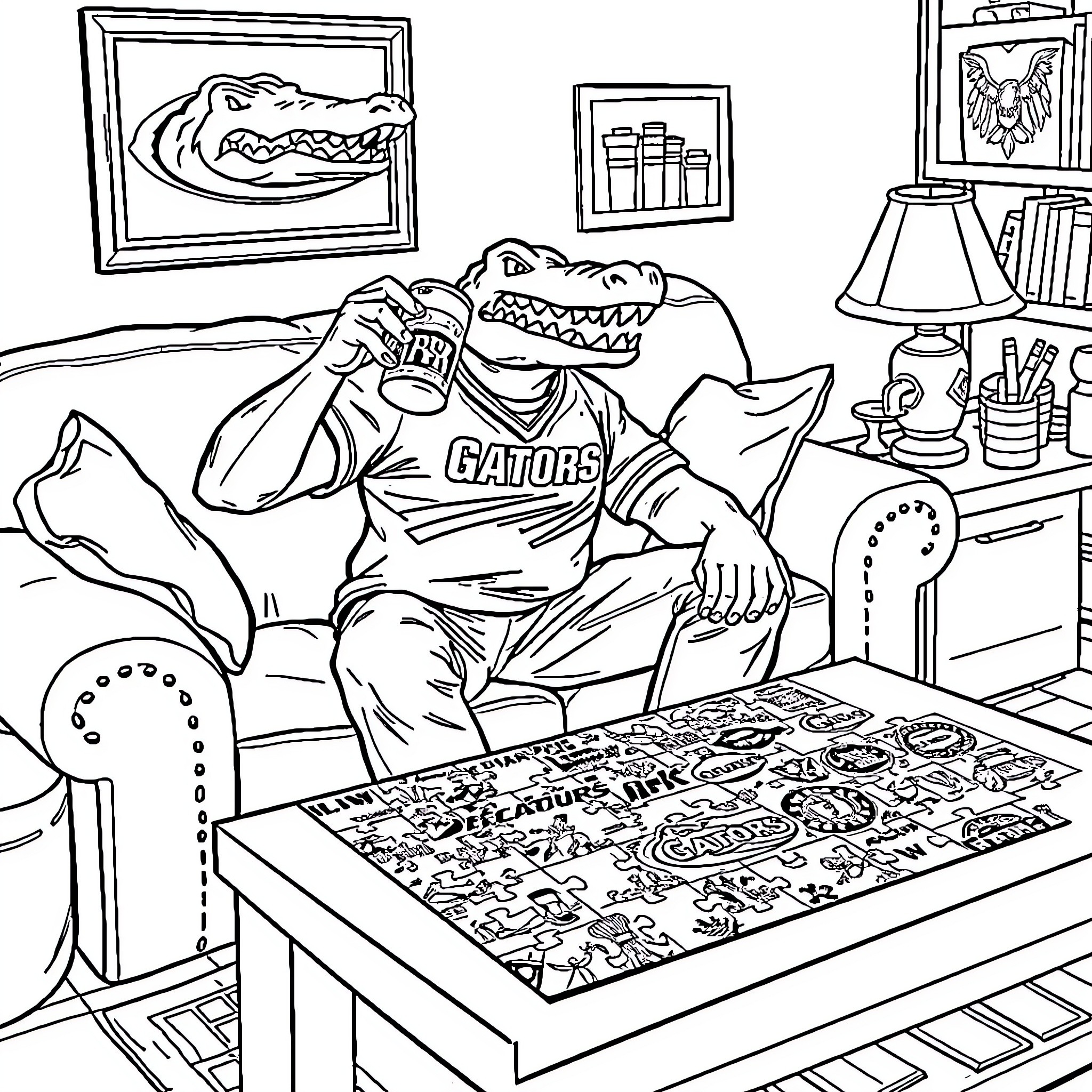 Gator relaxing with video game in cozy room Coloring Page (free black-and-white line drawing printable PDF for all, from beginners to advanced learners, including children, teens, adults, and seniors)