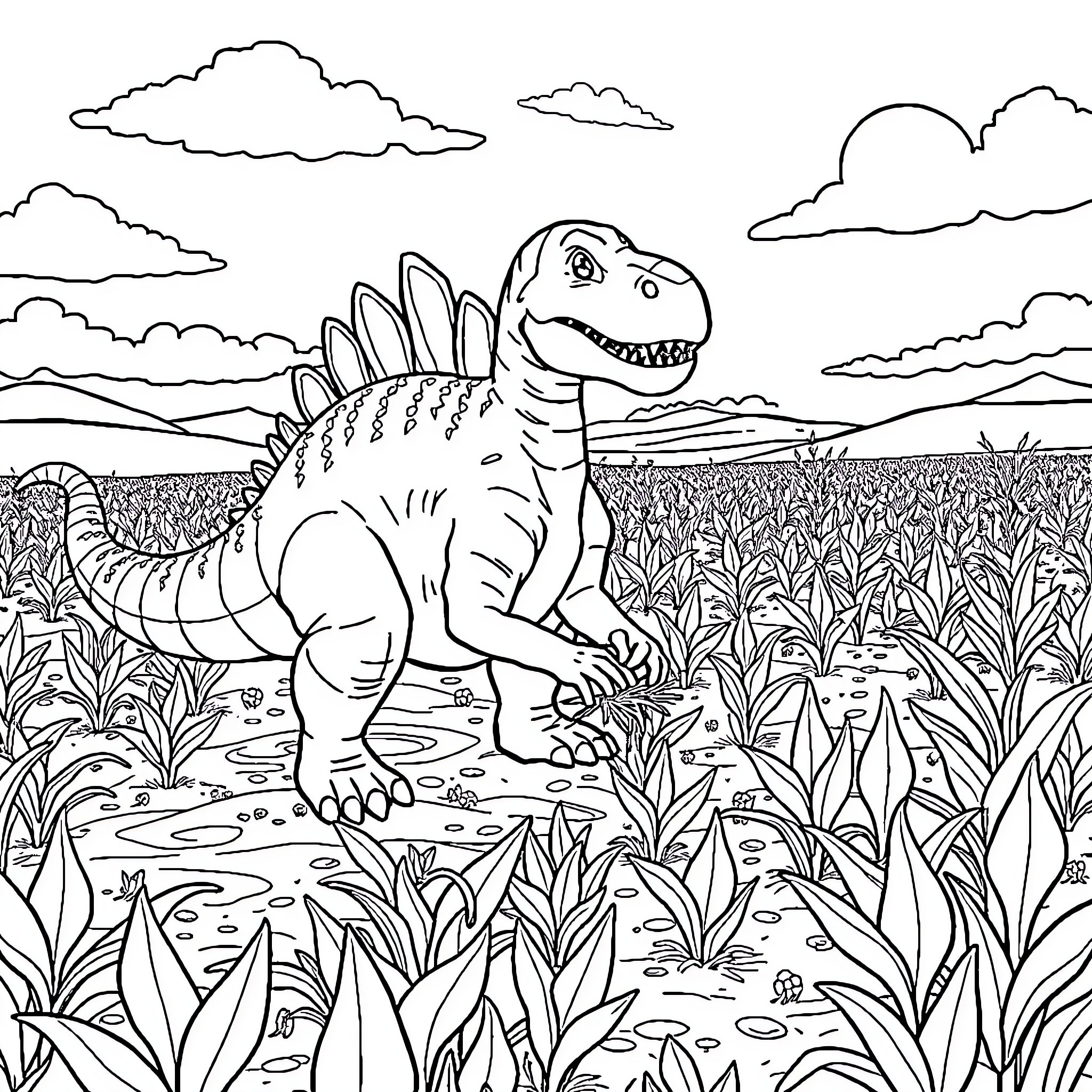 Spinosaurus exploring the prehistoric landscape Coloring Page (free black-and-white line drawing printable PDF for all, from beginners to advanced learners, including children, teens, adults, and seniors)