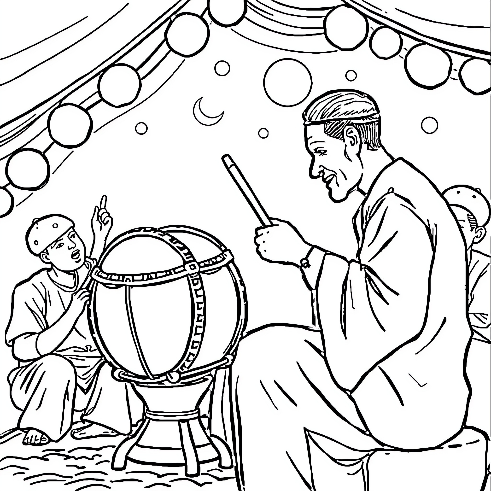 Tung Tung Performers Play Traditional Drums Coloring Page (free black-and-white line drawing printable PDF for all, from beginners to advanced learners, including children, teens, adults, and seniors)