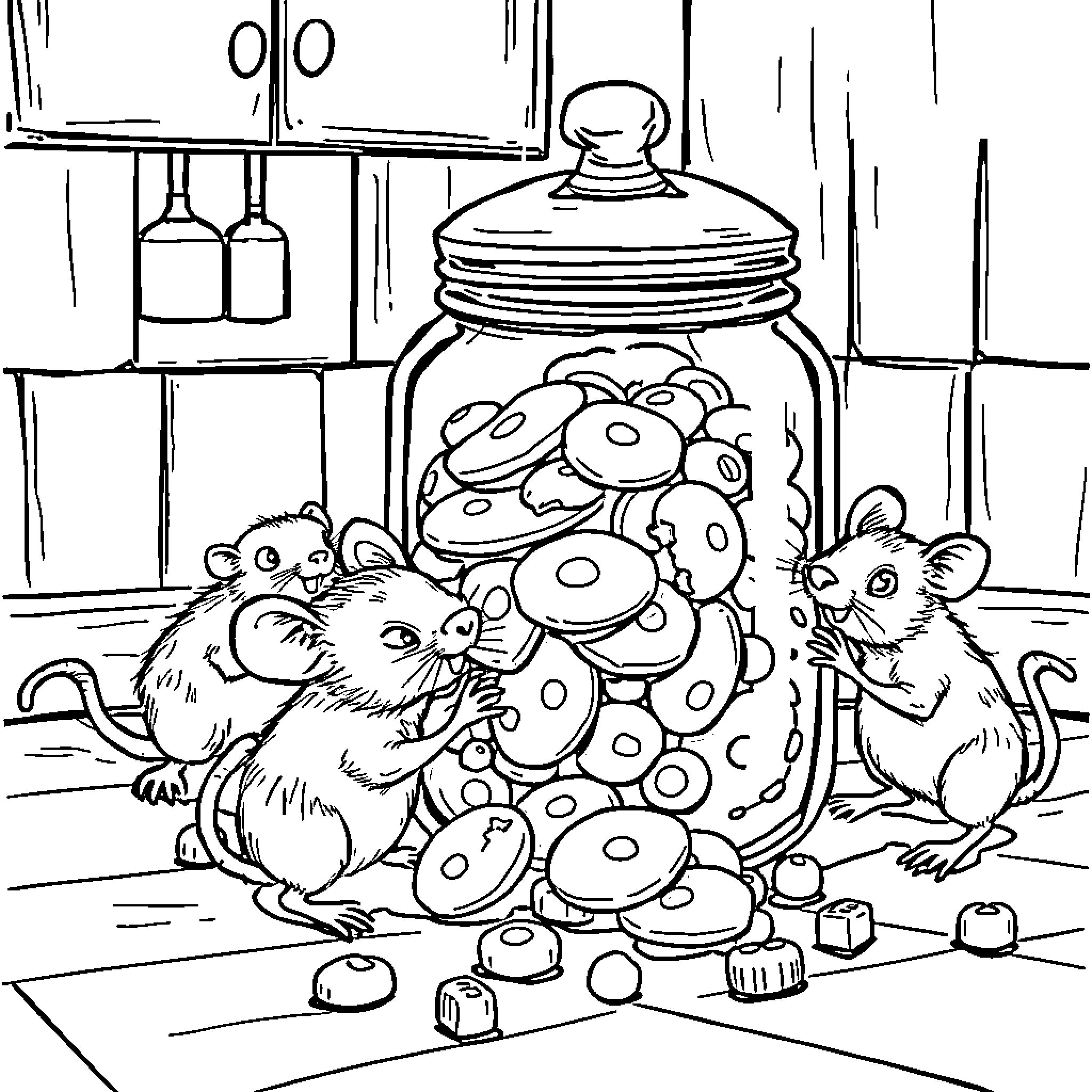 Rats feasting on treats in the pantry Coloring Page (free black-and-white line drawing printable PDF for all, from beginners to advanced learners, including children, teens, adults, and seniors)