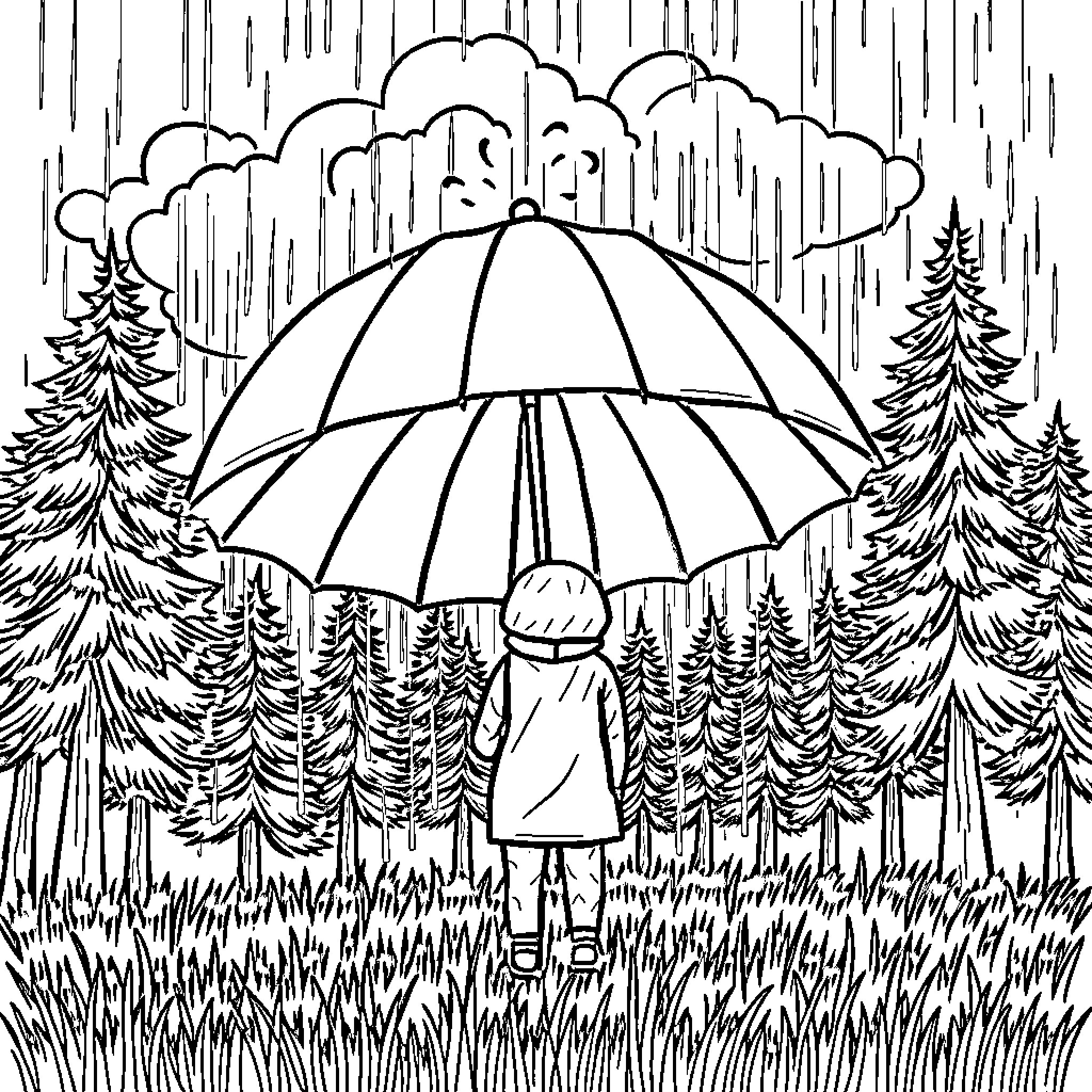 Umbrella protecting person in rainy forest Coloring Page (free black-and-white line drawing printable PDF for all, from beginners to advanced learners, including children, teens, adults, and seniors)