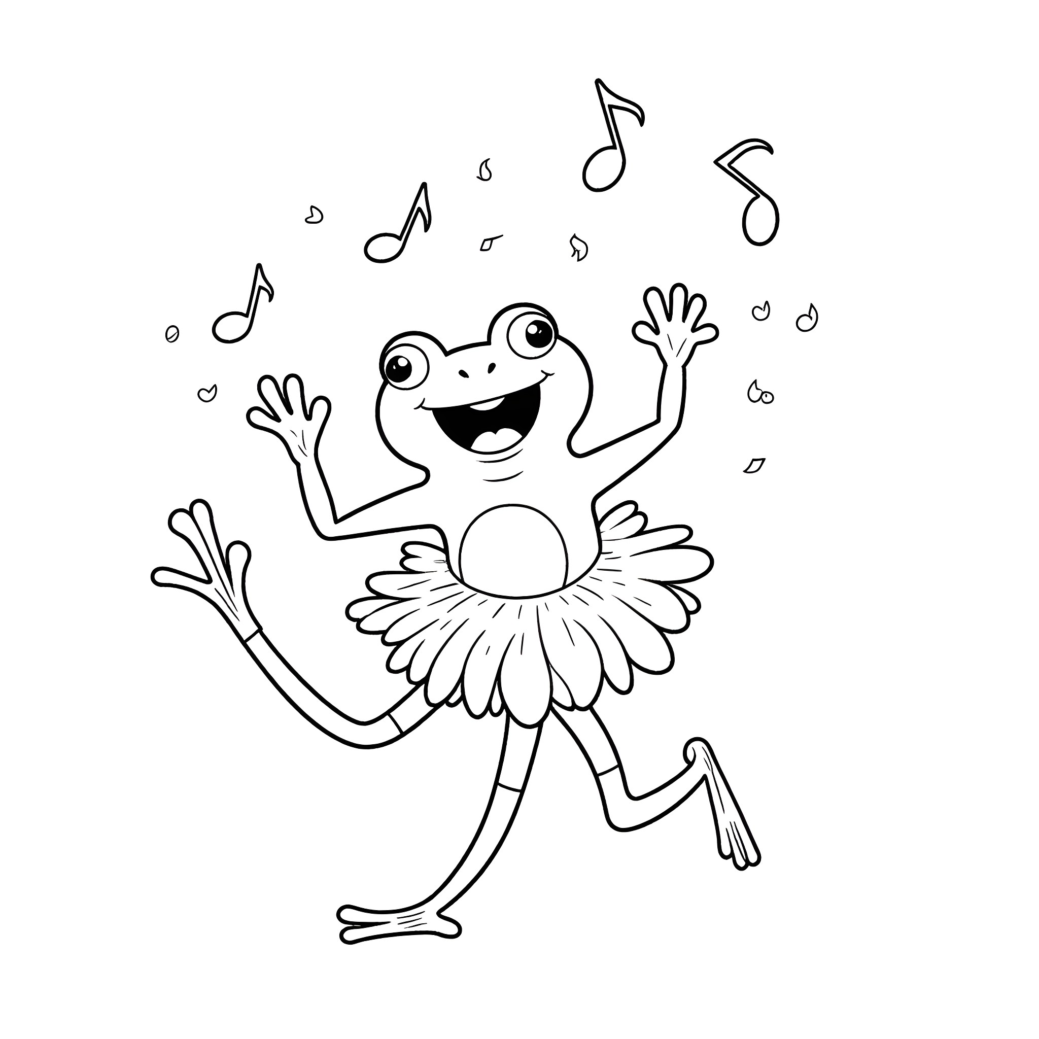 Frog happily dancing with musical notes Coloring Page (free black-and-white line drawing printable PDF for all, from beginners to advanced learners, including children, teens, adults, and seniors)