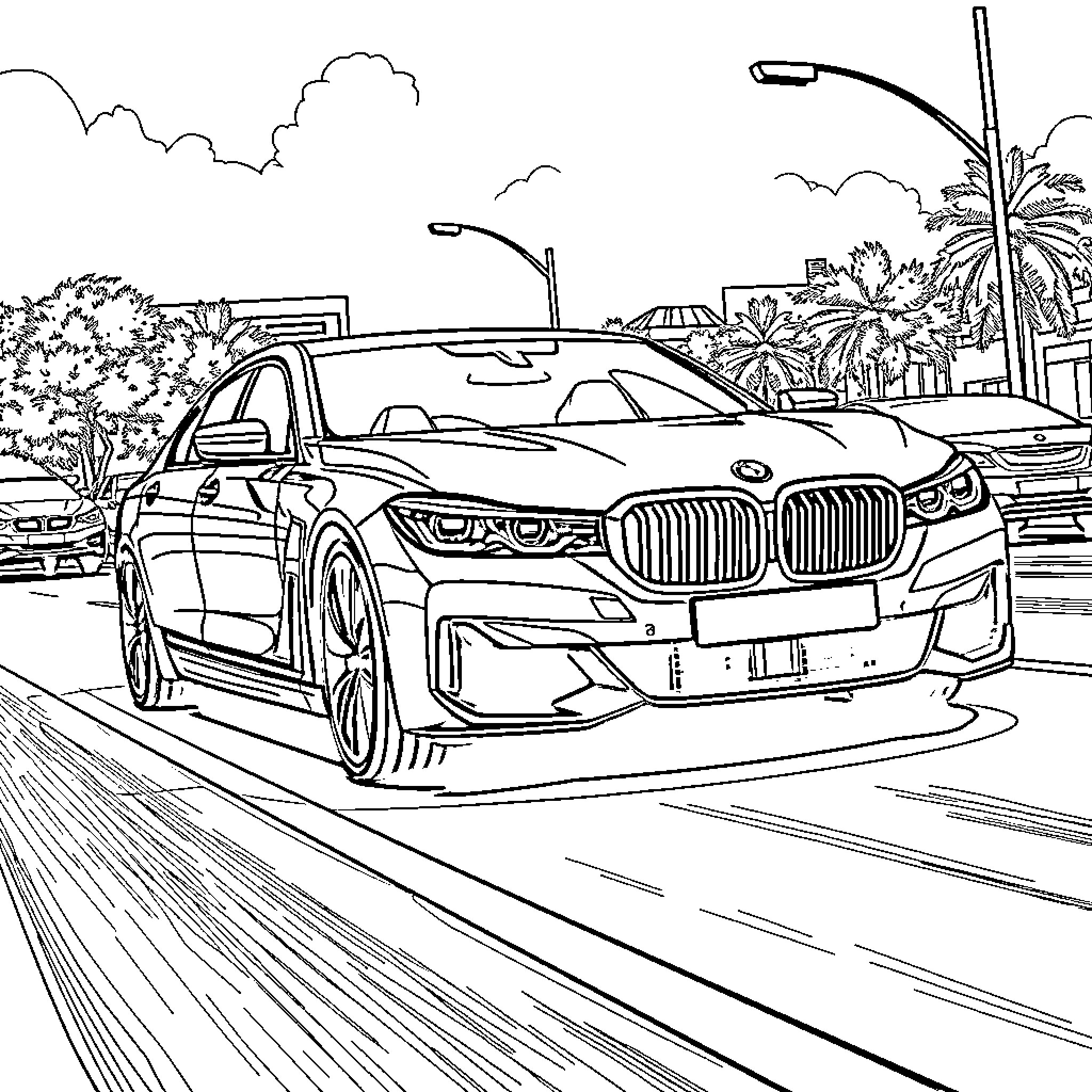BMW i7 driving on city street with palm trees Coloring Page (free black-and-white line drawing printable PDF for all, from beginners to advanced learners, including children, teens, adults, and seniors)