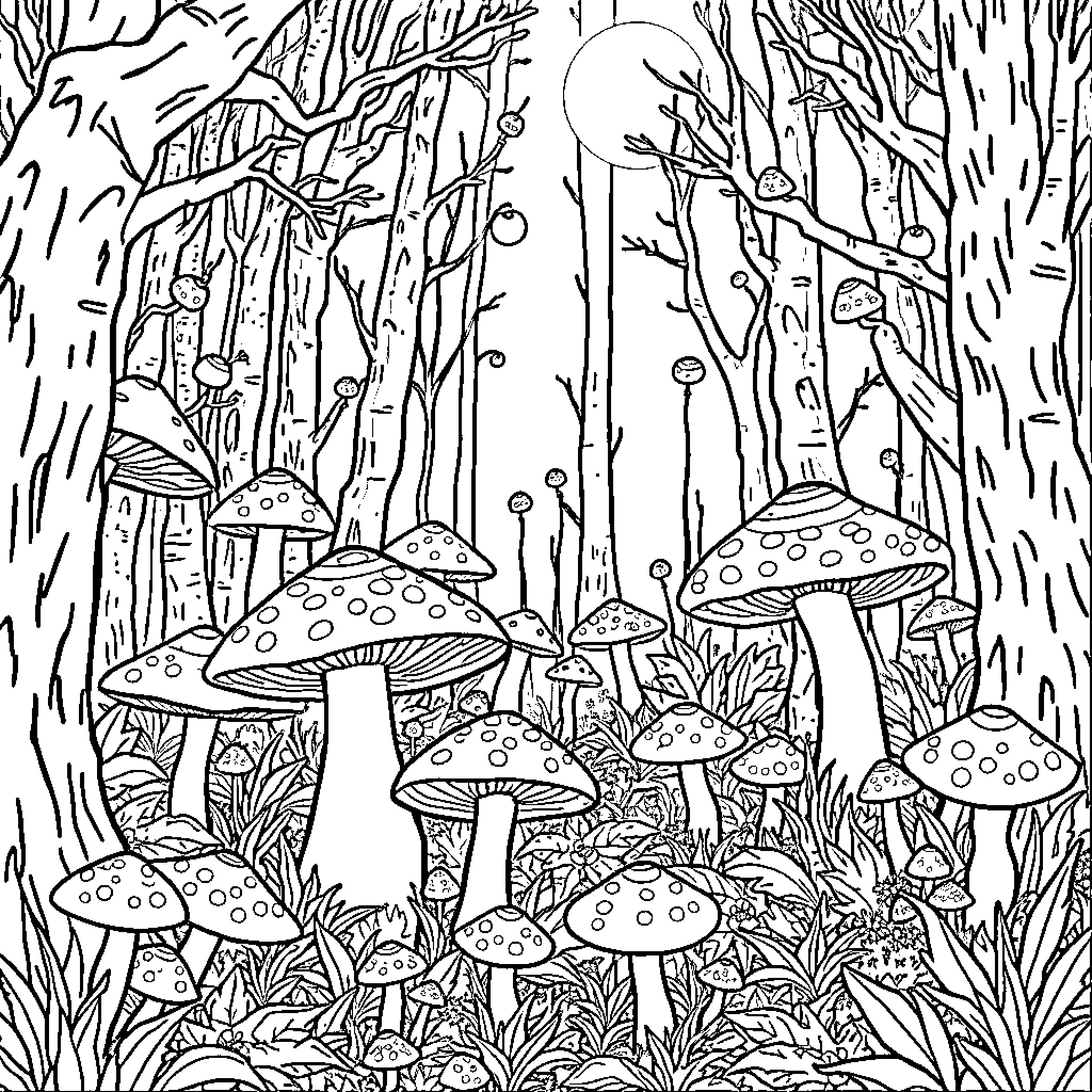 Mushroom Wonderland in Enchanted Forest Coloring Page (free black-and-white line drawing printable PDF for all, from beginners to advanced learners, including children, teens, adults, and seniors)
