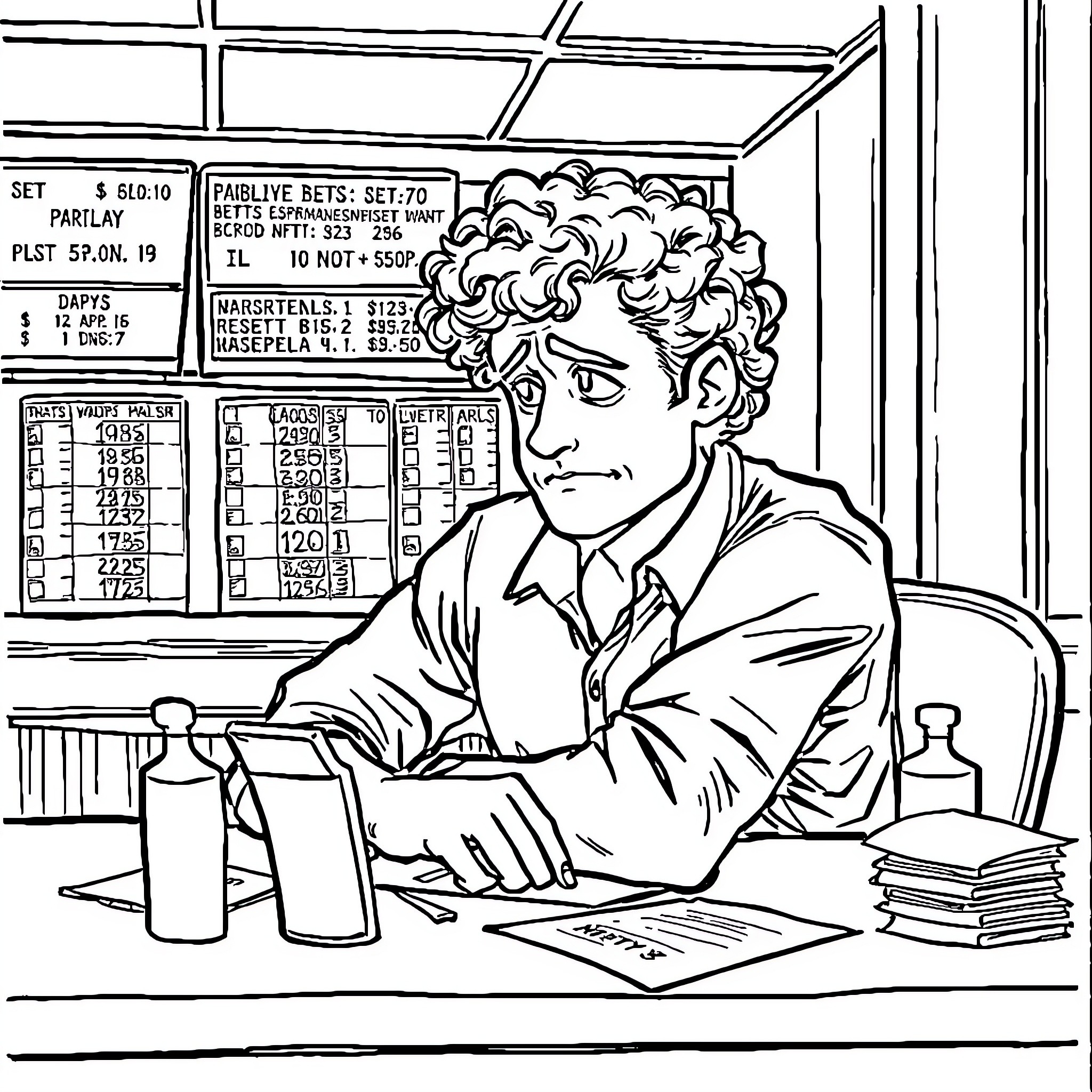 Guy working diligently at his desk in an office Coloring Page (free black-and-white line drawing printable PDF for all, from beginners to advanced learners, including children, teens, adults, and seniors)