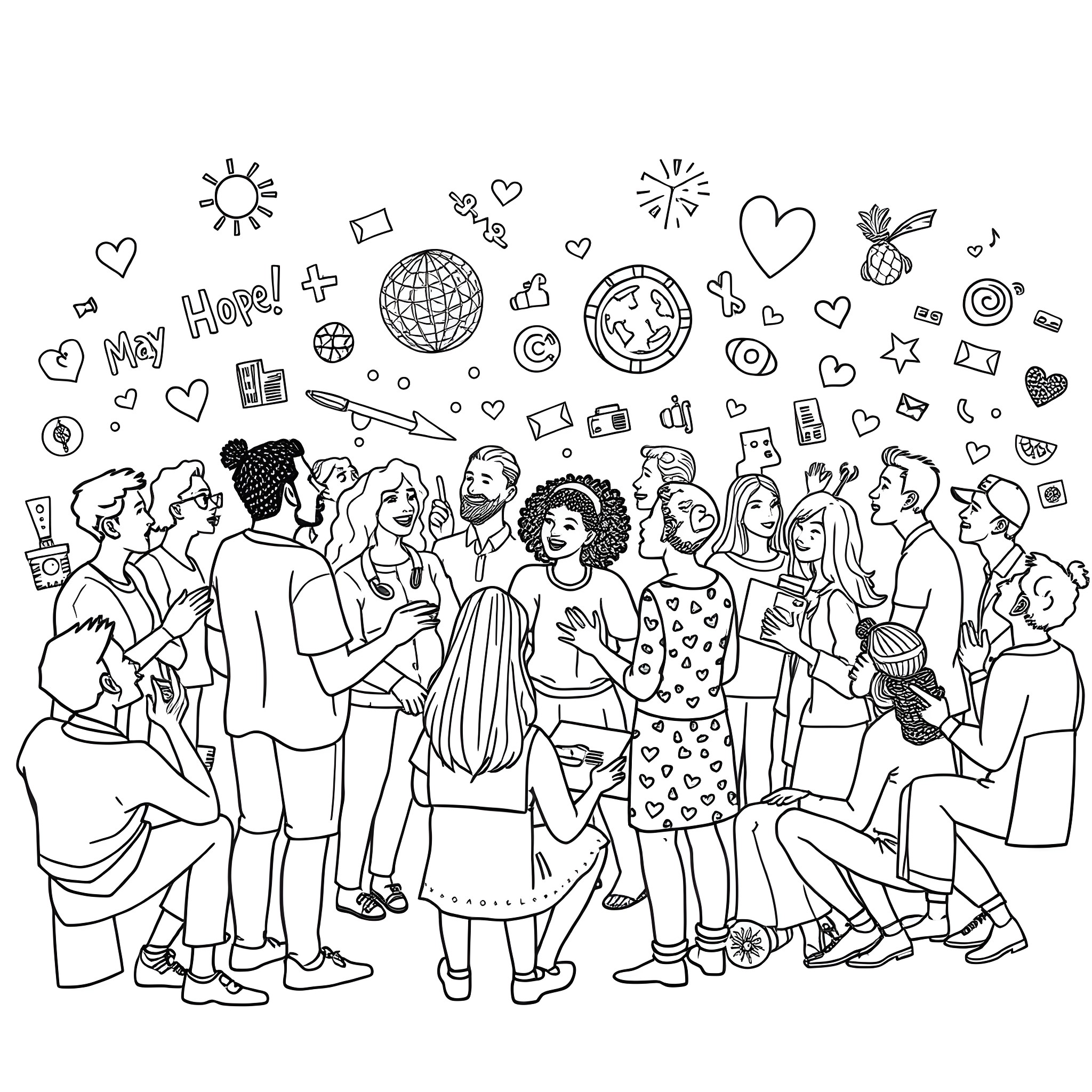 Doodle of people celebrating and socializing together Coloring Page (free black-and-white line drawing printable PDF for all, from beginners to advanced learners, including children, teens, adults, and seniors)