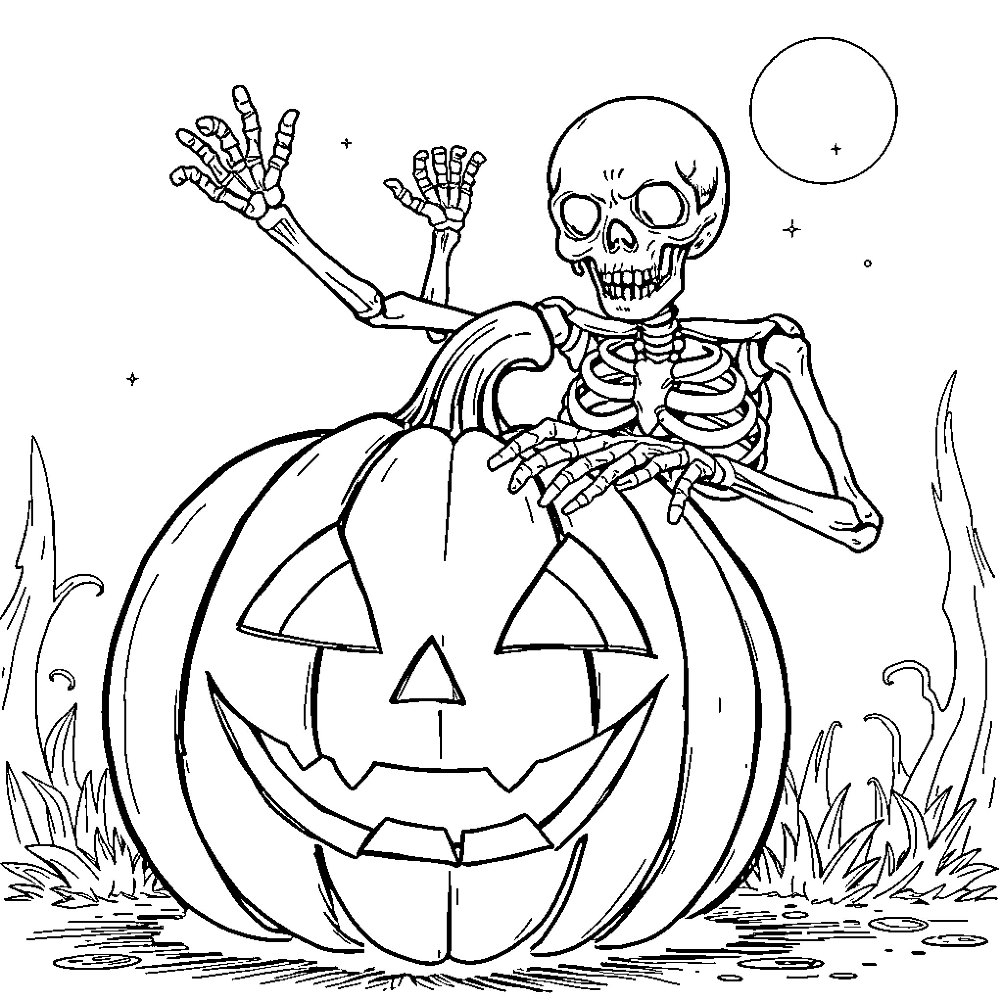 Pumpkin skeleton waving from inside jack-o'-lantern Coloring Page (free black-and-white line drawing printable PDF for all, from beginners to advanced learners, including children, teens, adults, and seniors)