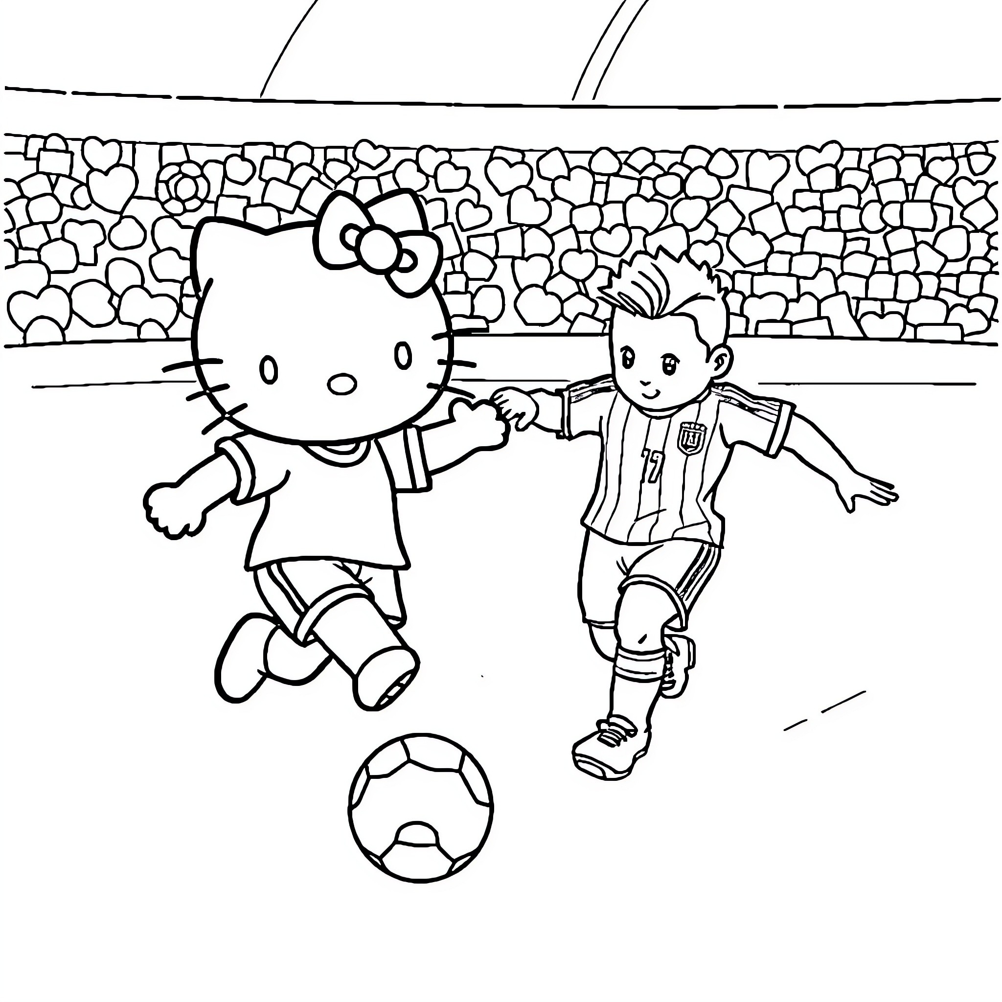 Hello Kitty playing soccer with a friend Coloring Page (free black-and-white line drawing printable PDF for all, from beginners to advanced learners, including children, teens, adults, and seniors)
