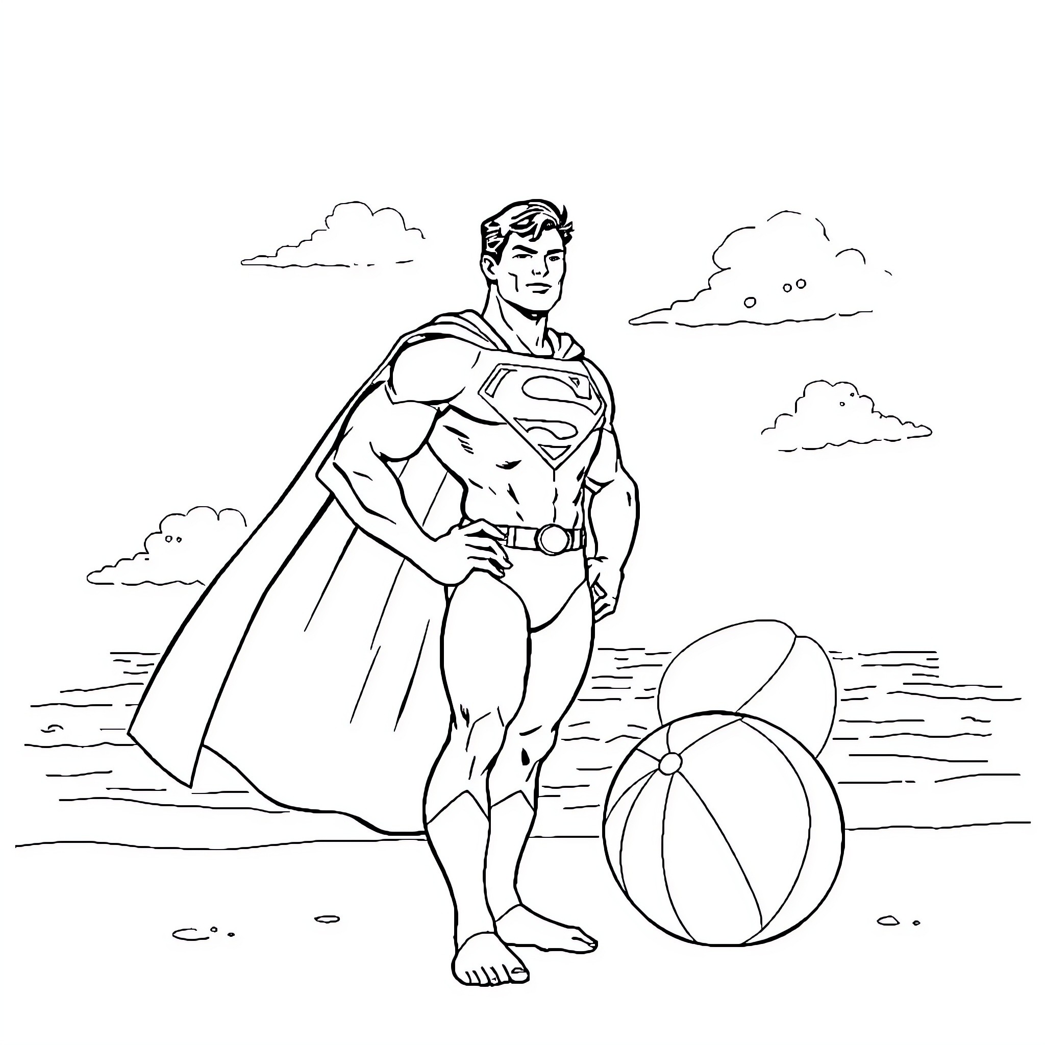 Superman enjoying beach day with beachball Coloring Page (free black-and-white line drawing printable PDF for all, from beginners to advanced learners, including children, teens, adults, and seniors)