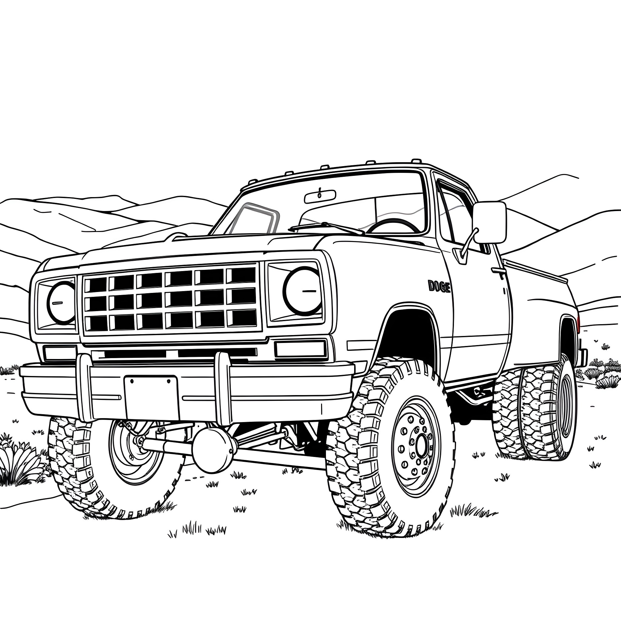 Dodge Dually off-roading in the wilderness Coloring Page (free black-and-white line drawing printable PDF for all, from beginners to advanced learners, including children, teens, adults, and seniors)
