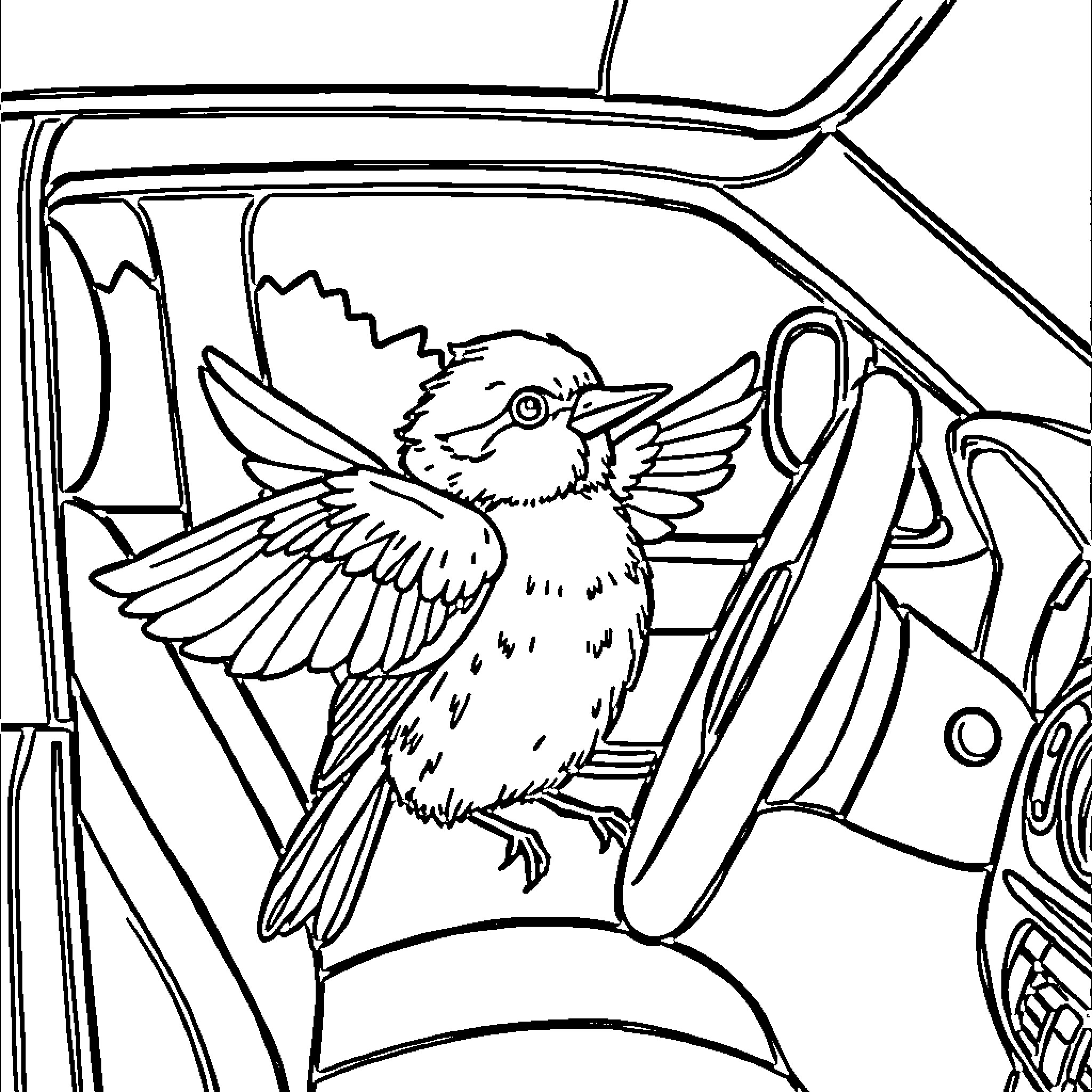 Bird perching on the car dashboard Coloring Page (free black-and-white line drawing printable PDF for all, from beginners to advanced learners, including children, teens, adults, and seniors)