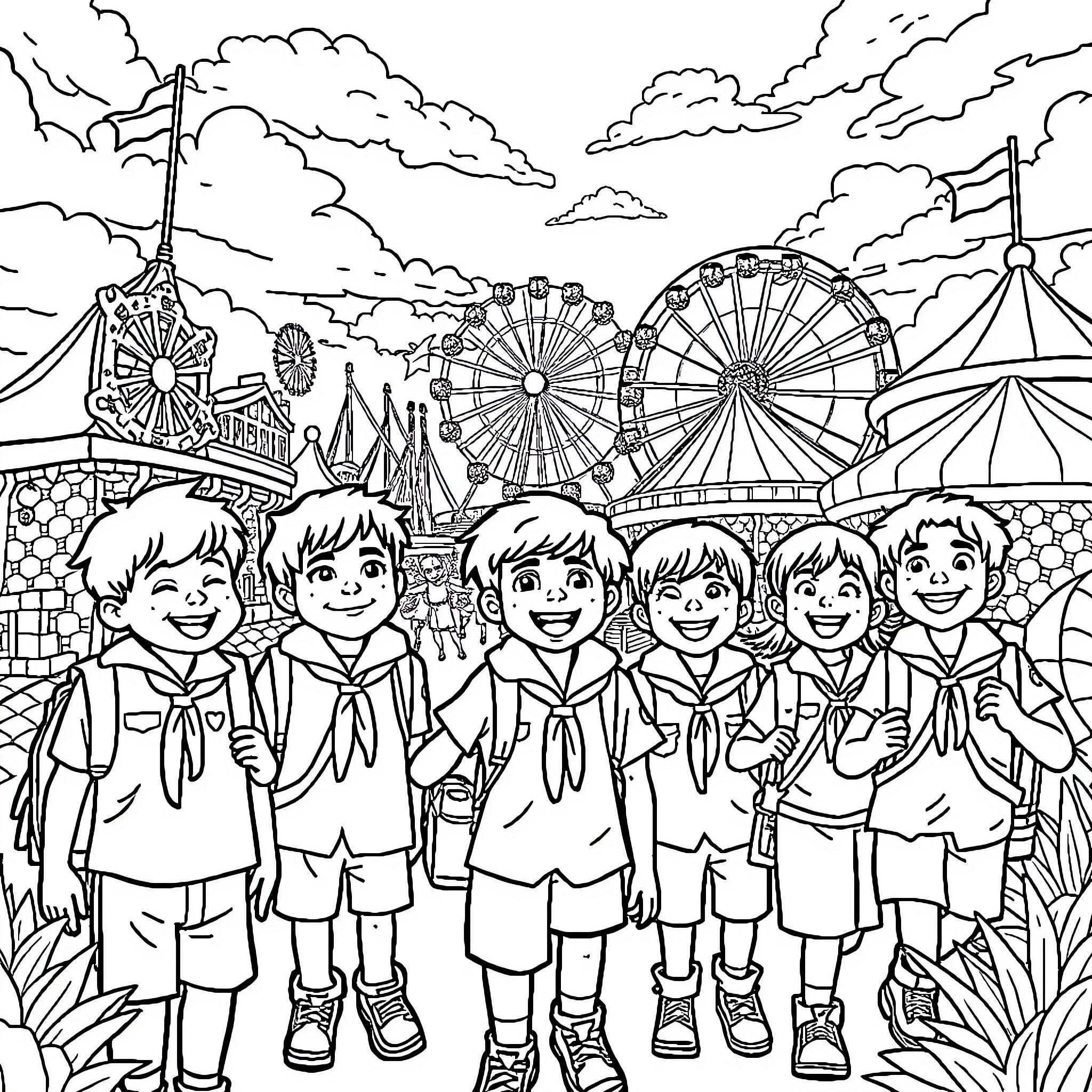 Scout troop exploring the vibrant carnival grounds Coloring Page (free black-and-white line drawing printable PDF for all, from beginners to advanced learners, including children, teens, adults, and seniors)