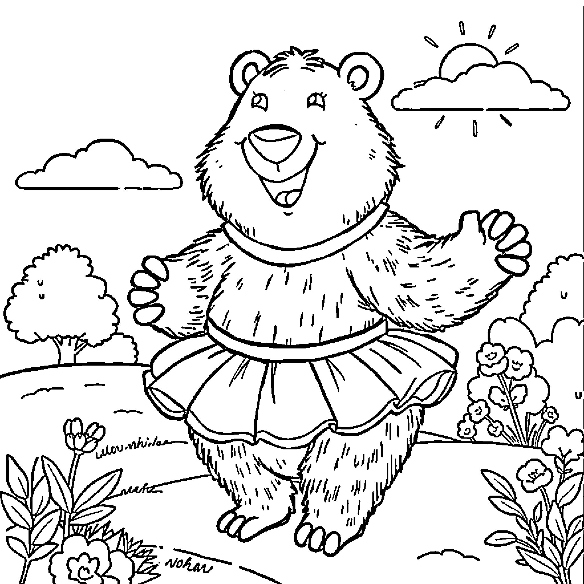 Bear dancing in a flowery meadow Coloring Page (free black-and-white line drawing printable PDF for all, from beginners to advanced learners, including children, teens, adults, and seniors)