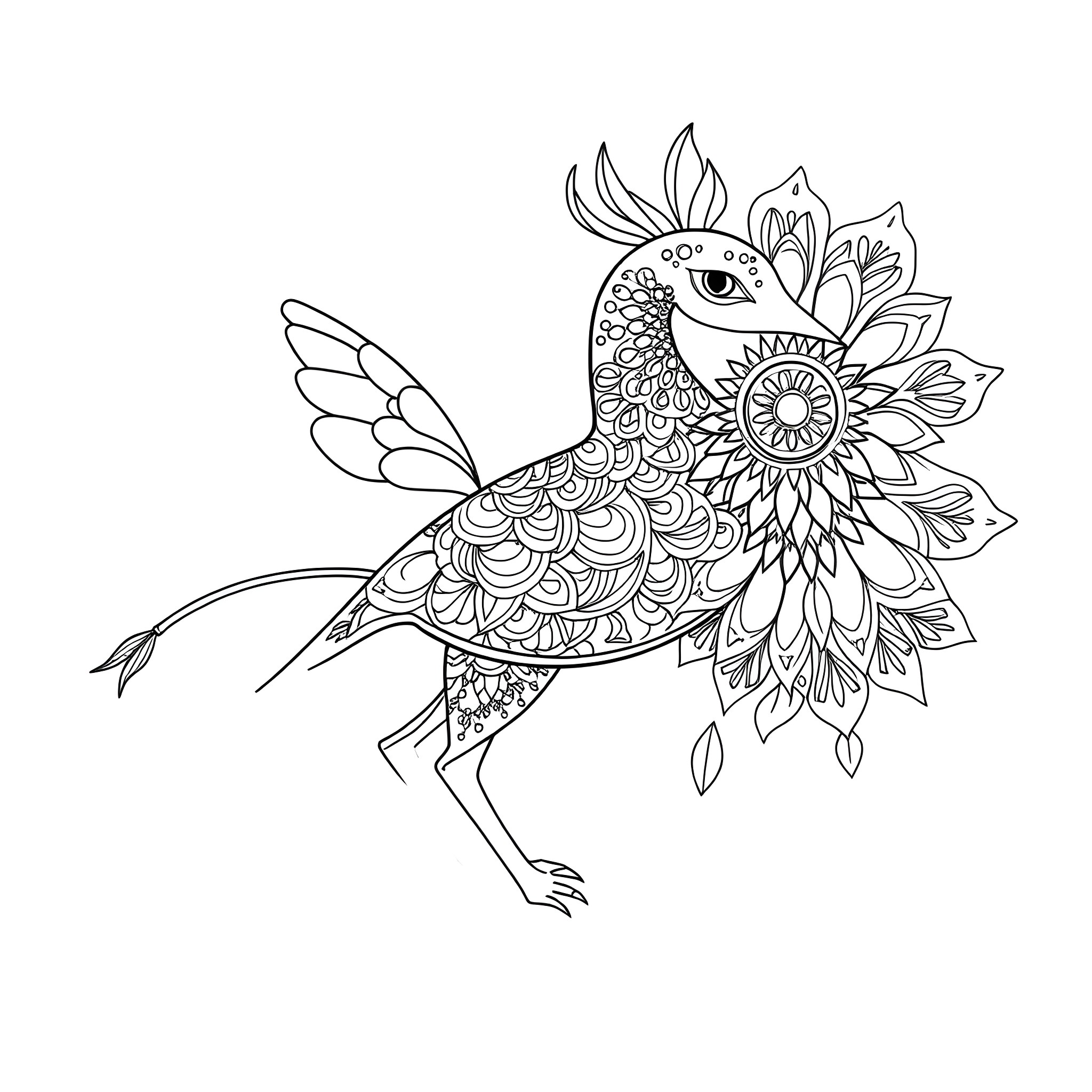 Bobbie Goods' Intricate Avian Illustration Coloring Page (free black-and-white line drawing printable PDF for all, from beginners to advanced learners, including children, teens, adults, and seniors)