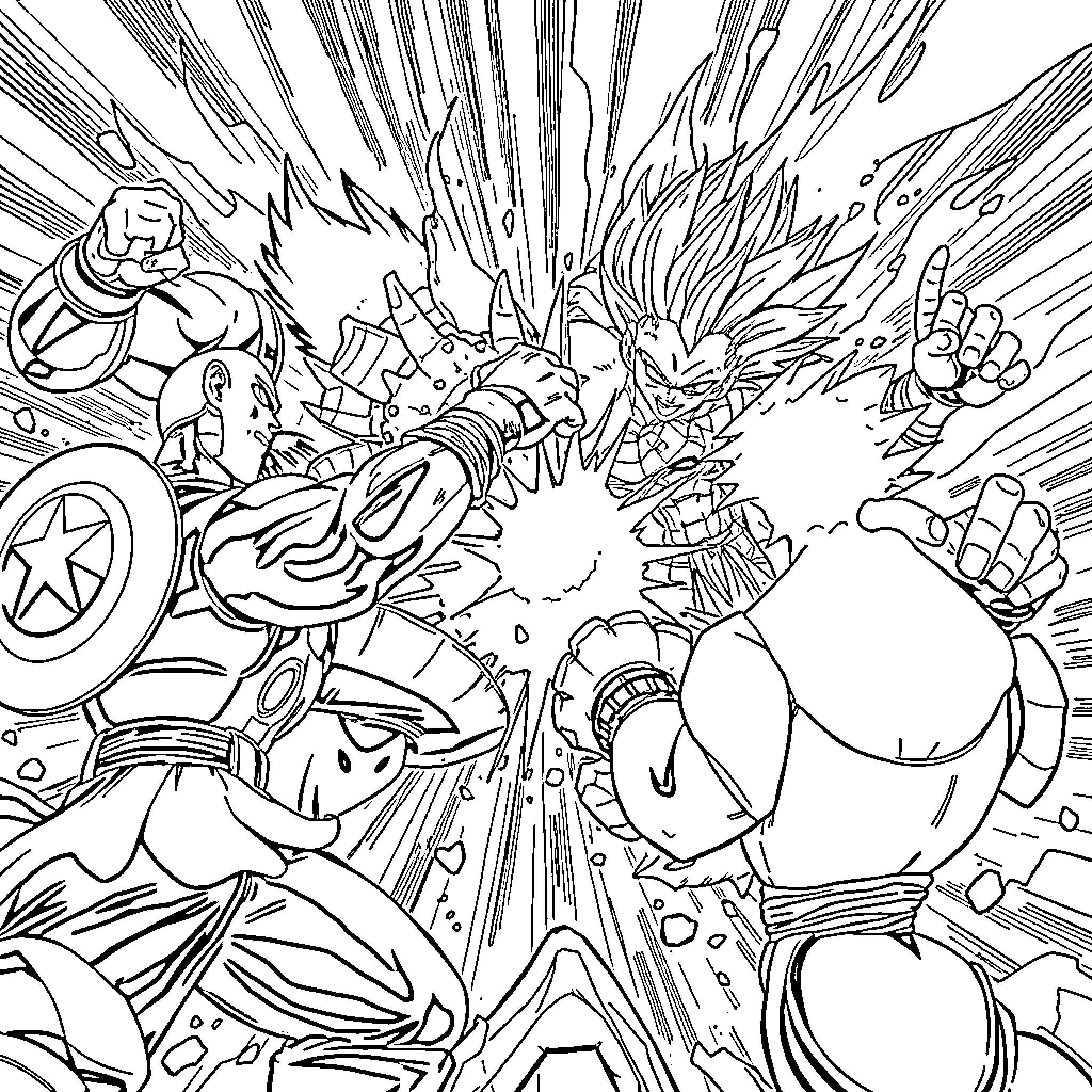 Avengers in Intense Comic Book Action Coloring Page (free black-and-white line drawing printable PDF for all, from beginners to advanced learners, including children, teens, adults, and seniors)